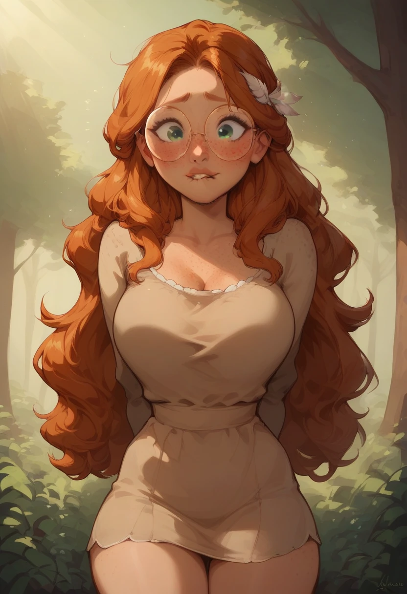 safe_pos, score_9, score_8_up, score_8, score_7, score_6,  Expressiveh, easynegative, ipalpua, (sexy, hot, cute, ginger, ginger hair, round face, cute, nerd, nervous, freckles, perfect face,feather headband), face focus, blush, intense red blush:1.3, biting lip, lip biting, long hair, gamergirl, egirl, large bust, beige native american dress, sunrays, (green eyes), detailed eyes, long lashes, long shot, hips, thighs, thigh gap, ((thrusting chest forward, hands behind back)), forest