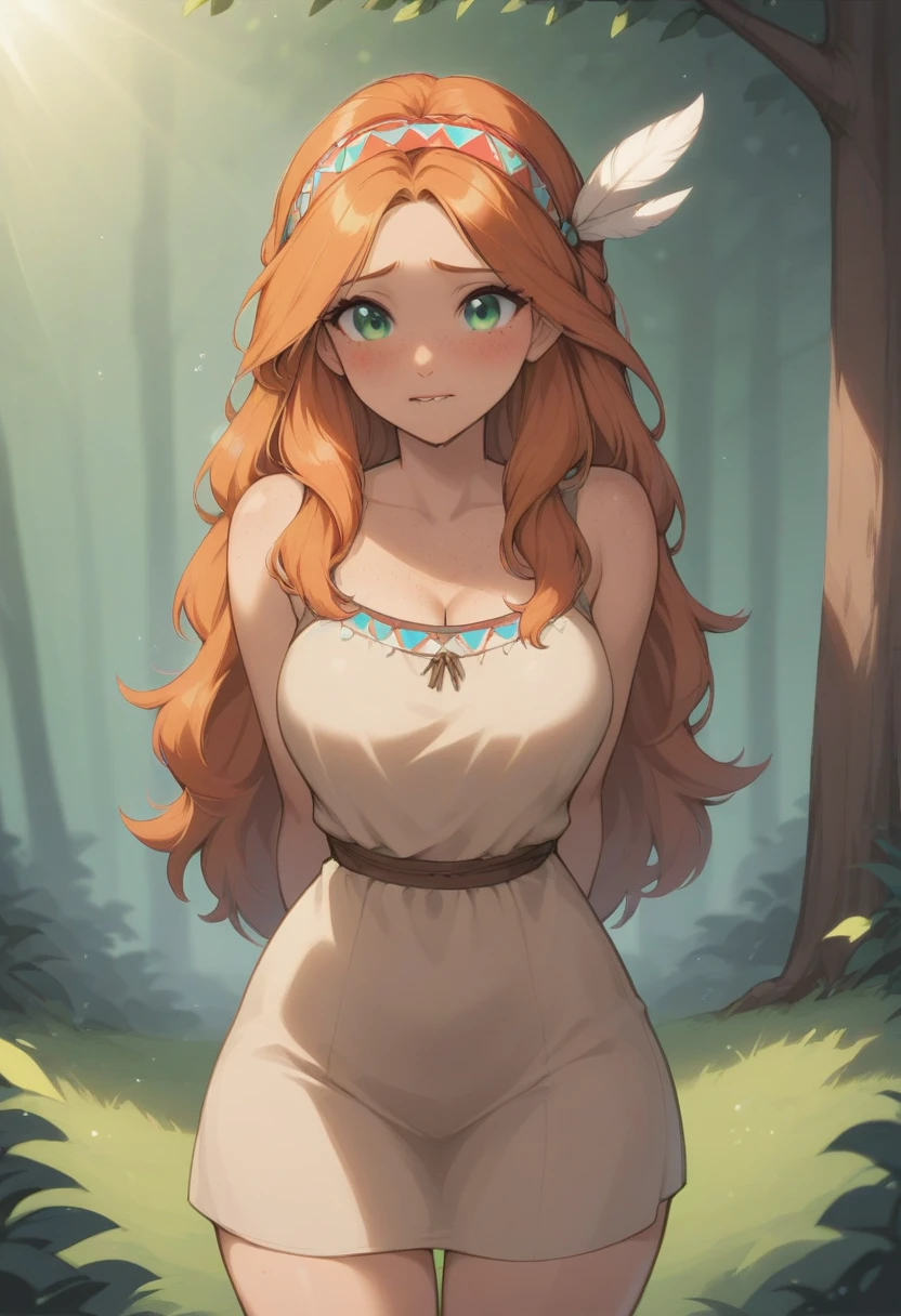 safe_pos, score_9, score_8_up, score_8, score_7, score_6,  Expressiveh, easynegative, ipalpua, (sexy, hot, cute, ginger, ginger hair, round face, cute, nerd, nervous, freckles, perfect face,feather headband), face focus, blush, intense red blush:1.3, biting lip, lip biting, long hair, gamergirl, egirl, large bust, beige native american dress, sunrays, (green eyes), detailed eyes, long lashes, long shot, hips, thighs, thigh gap, ((thrusting chest forward, hands behind back)), forest