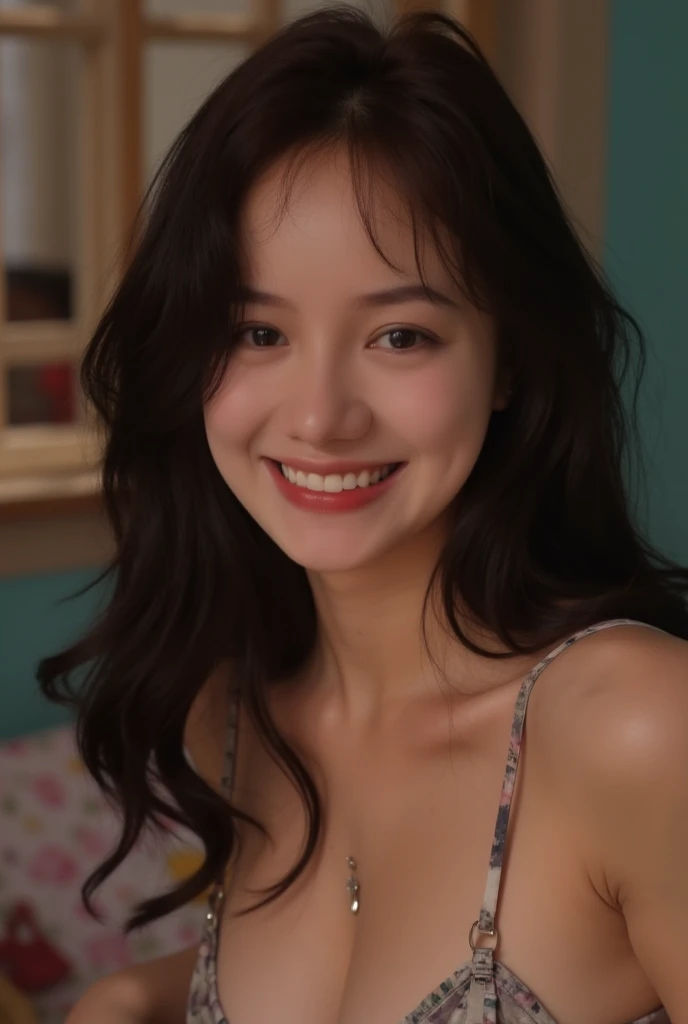 masterpiece、beste-Qualit、realisitic、(A hyper-realistic), (illustratio), (high definition resolution), (8K), (highly detaile), (The best illustrations), (beautiful-detailed eyes), (beste-Qualit), (An ultra-detailliert), (masterpiece), (wall-paper), (details face), a bed、Upper body close-up,Armpit, A smile,Plump,独奏,(Girl in silk white tank top with wide open chest), full of sweat, japanes, large full breasts, (camel's toe)、gigantic-breast、Luxury living room、Detailed, well-groomed white teeth、Ultimate Beauty、shot on the Canon EOS R 6、full of sweat、She's wet、