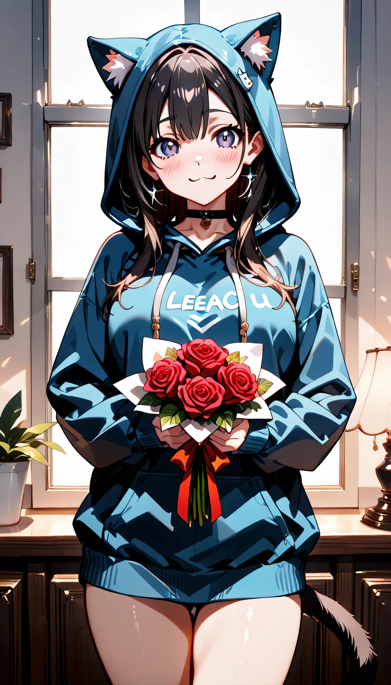 ((ultra-detailed)), (highly detailed CG illustration), (best quality:1.2), ultra-highly detailed, colorful composition, artistic photoshoot, 1girl, solo focus, ((thigh to top:1.4)), ((cowboy shot:1.4)), moe anime character, girl, dainty facial structure, (bab(round face), ((rounded chin:1.2)), ((ideal ratio body proportions)), celia-default, celia claire, ((shy:1.4)), ((smile:1.2)), ((blush:1.2)), ((cat mouth:1.4)), (purple eyes), ((wearing glasses:1.4)), g-boston19A, glasses, ((begging pose)), black hair color, long hair, ample breasts, ((cat ears hoodie with black:1.4)), black cat tail, (morning sun shining through the window sparkles), best quality, masterpiece, window in a room decorated in rococo style, dynamic pose, contrapposto pose, ((holding a big bouquet with red rose)), ((from front)), expecting, pink cheek, blush, light pink gloss slip, portrait, depth of field, soft lighting, sidelighting, (shine), lighting, caustics, ray tracing, smile, perfect face, lustrous skin, highly detailed face, highly detailed eyes, perfect face, perfect nose, perfect hair, perfect eyes, perfect anatomy, beautiful hair, beautiful small face, extremely detailed face, beautiful detailed eyes, beautiful clavicle, beautiful body, beautiful huge breasts, leavage, breasts squeezed together, equalize the size of the left and right breasts, beautiful thin thighs, beautiful legs, beautiful fingers, 4 fingers, 1 thumb, lovely, (very detailed background:1.0), (highly detailed background:1.0), spring aesthetic, intricate details, doze atmosphere, spring colors palette, chromatic aberration