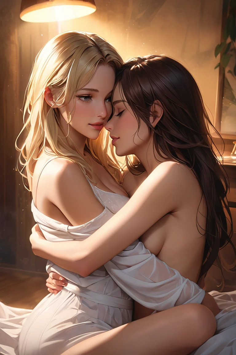 High detailed, 4k, Masterpiece, Cinematic Lighting, late evening, two voluptuous women with curvy bodies, in the bedroom, they crawl on the bed, touching and kissing each others breasts in passion, naked, ochre negligee, pubic hair, sweaty skin, seductive, nsfw, pure desire, braid, depth of field, picture is taken from a very low angle