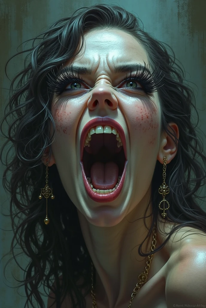 A screaming woman with her hands in her hair, disturbing surreal creatures around her