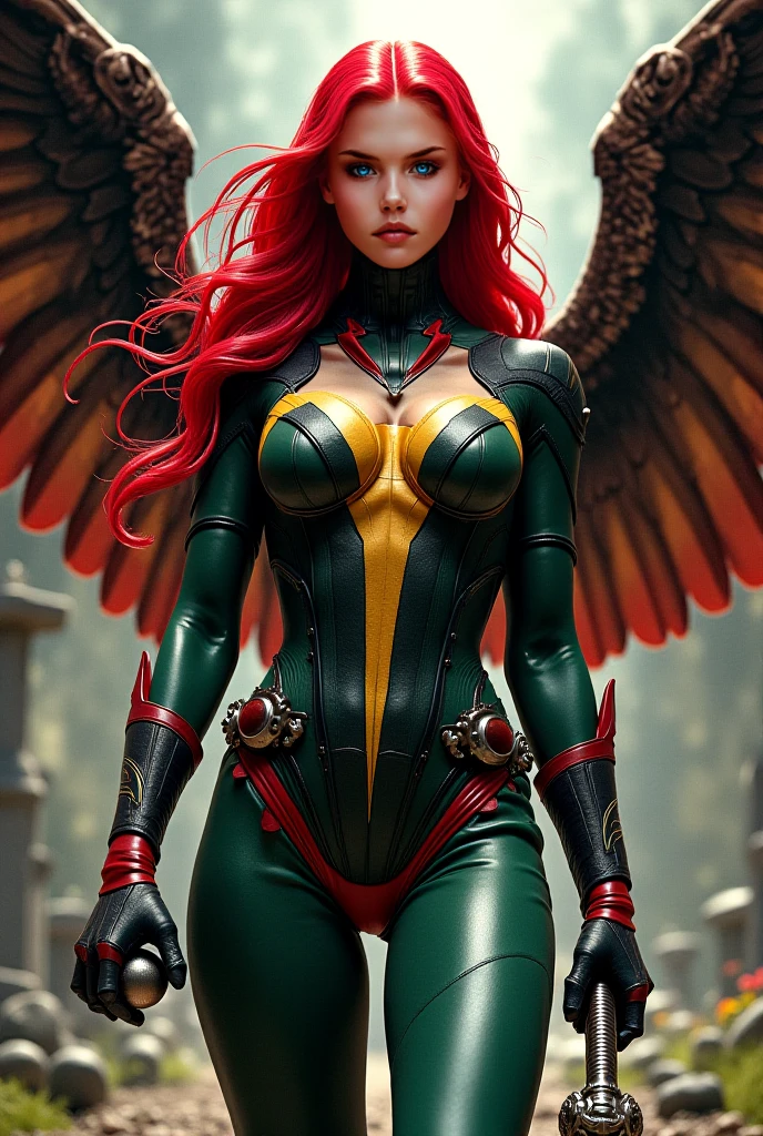 The Thanagarian warrior Chay-Ara, alias Hawkgirl, original costume of the Hawk Girl yellow corset with red and green leggings, red boots, large brown wings, long red hair, Justice League, DC Comics.