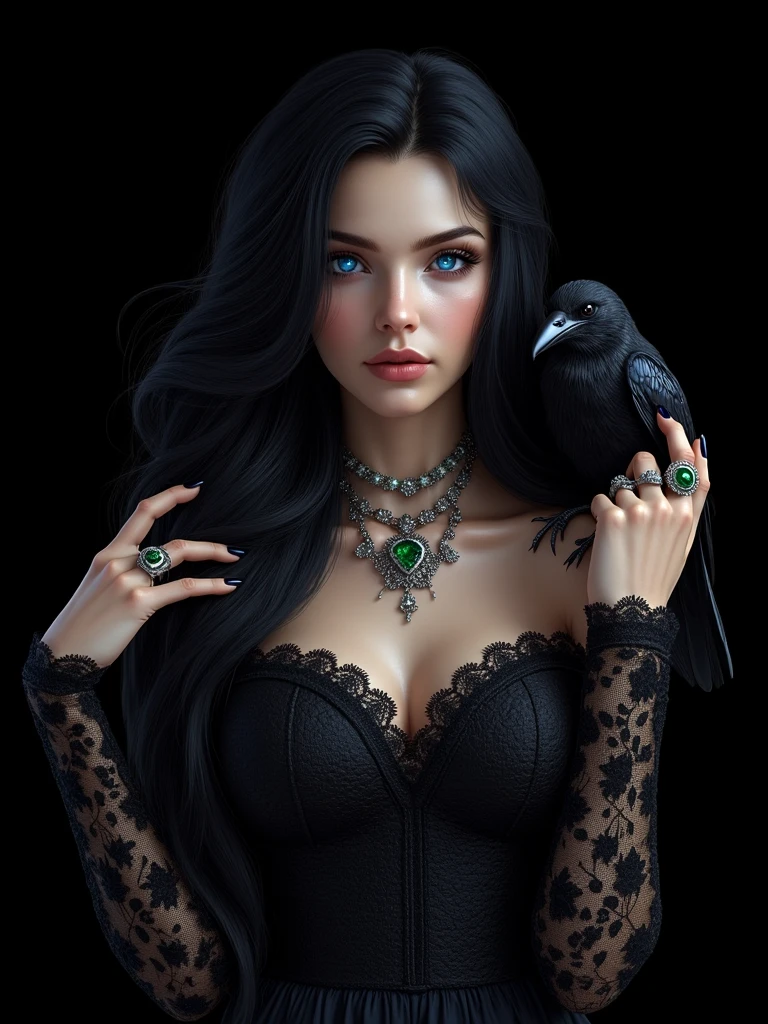 There's a woman in a black dress, ((cabelos pretos, cabelos lisos,): 1.0), with a black bird on his shoulder, corvo negro, (corvo negro: 1.0), ((perching bird_no_ombro)), arte de estilo fantasia sombria, gothic fantasy art, arte de fantasia sombria, fantasia sombria misturada com realismo, in style of arte de fantasia sombria, Artgerm e Rossdraws, Artgerm e Tom Bagshaw, vampira com asas de corvo, wlop e artgerm, artgerm extremamente detalhado