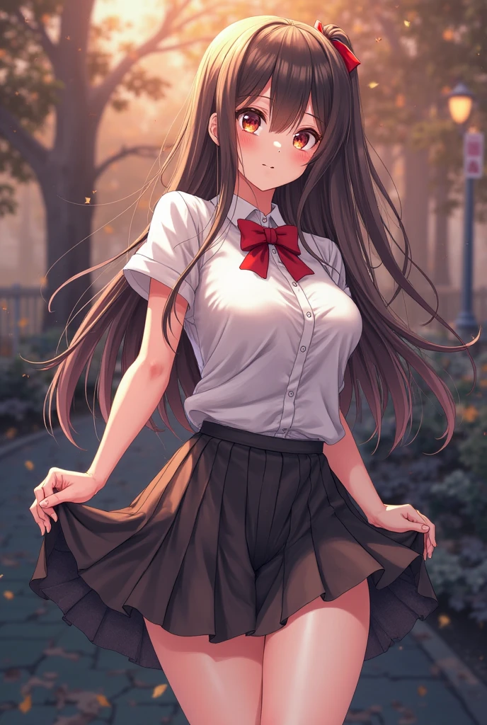 1womanl,Brown hair,Red ribbons ,((Impatient expression)),Beautiful breasts,White shirt,Red dress,well-styled,,(Facing the front)(((Blushing cheeks、embarassed expression)),(((The skirt is rolled up by the wind)))