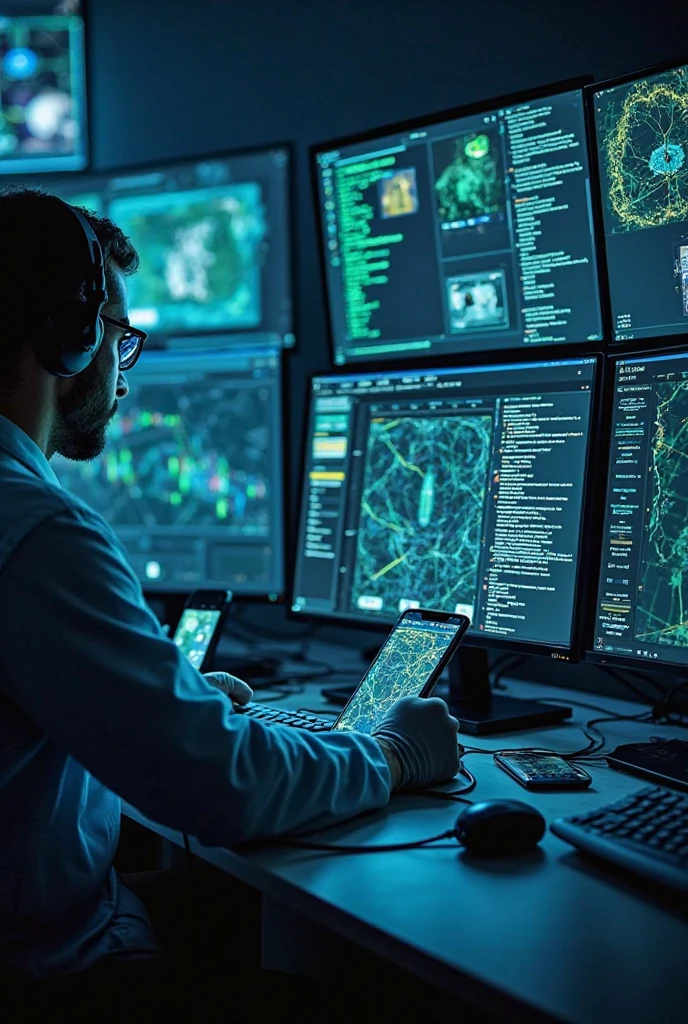 Prompt:
A high-tech cyber forensic lab where experts are analyzing digital evidence on large computer screens. The room is dimly lit, with blue and green glowing monitors displaying data, call records, and surveillance footage. A forensic investigator, wearing gloves and a headset, is examining a smartphone connected to a specialized forensic device. Another expert is tracing a suspect’s location on a digital map, analyzing GPS data. The background features complex code, fingerprints, and encrypted messages being decrypted in real-time, showcasing advanced cyber forensic and technical analysis in action.