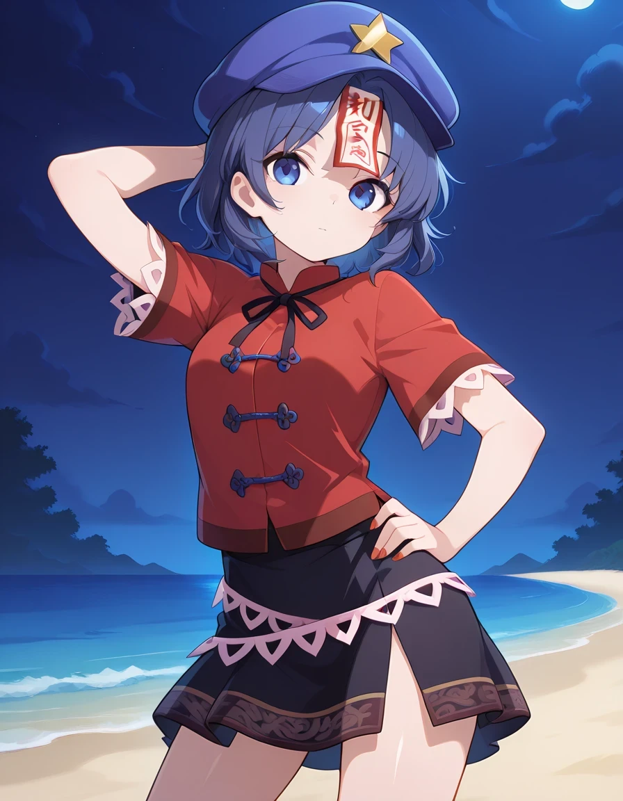 miyako yoshika, 1girl, solo, blue eyes, blue hair, short hair, jiangshi,
hat ornament, star hat ornament, ofuda, red shirt, black skirt, tangzhuang, shiny skin, high quality, solo, night sky, beach, hand behind head, hand on hip, ((contrapposto)), closed mouth, cowboy shot, looking at viewer, expressionless, best quality