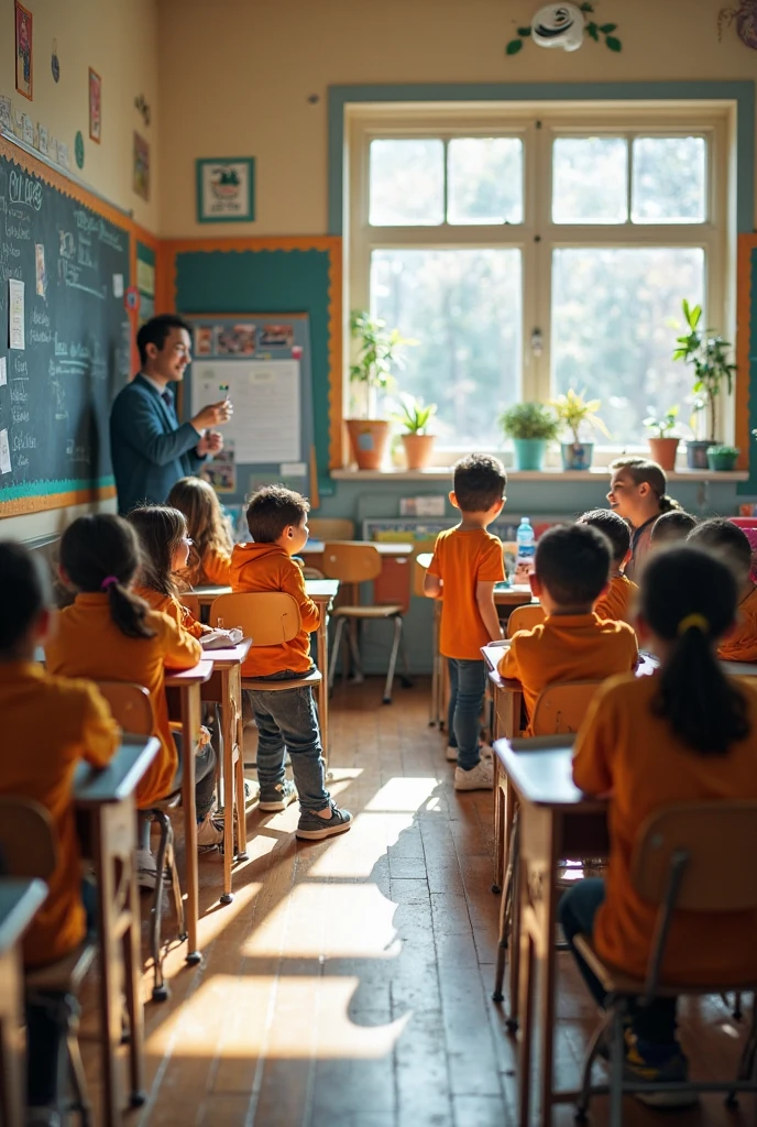 Create an educational background image featuring a science related images. Include elements like books, a globe, a chalkboard with math equations, and digital tablets. The setting should be a bright, modern classroom with inspirational quotes and educational posters on the walls."