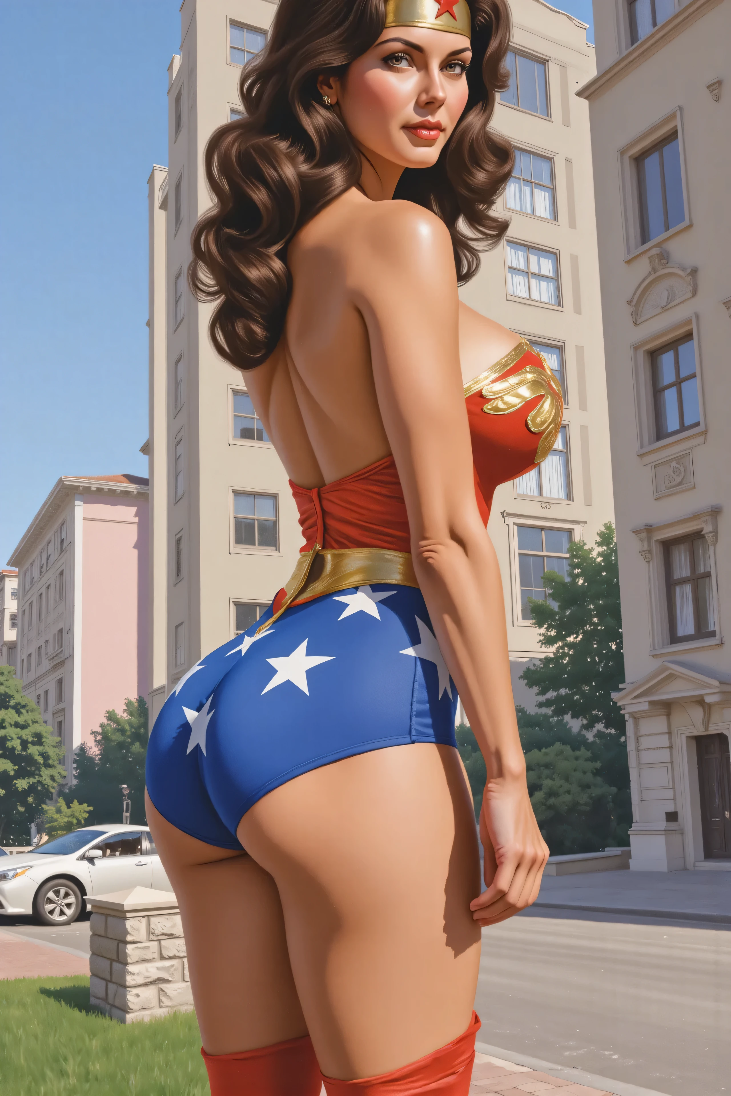 Gorgeous and sultry busty athletic (thin) brunette (smirking) with sharp facial features and a ((long), slicked-back hair) and (huge , long legs) wearing a star-spangled American flag print bikini, Americana, swimming pool.