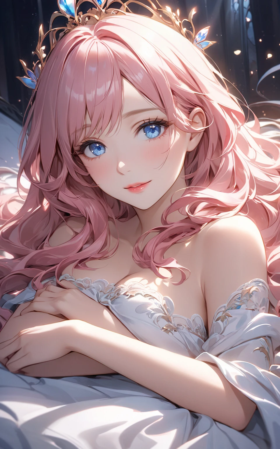 masterpiece, top quality, Super details, 8K, Detail lights, Detailed shadows, raw, (delicate skin), (real: 1.2),, 1 girl, pinkhair, White sexy transparent dress，Eye close-up，bed