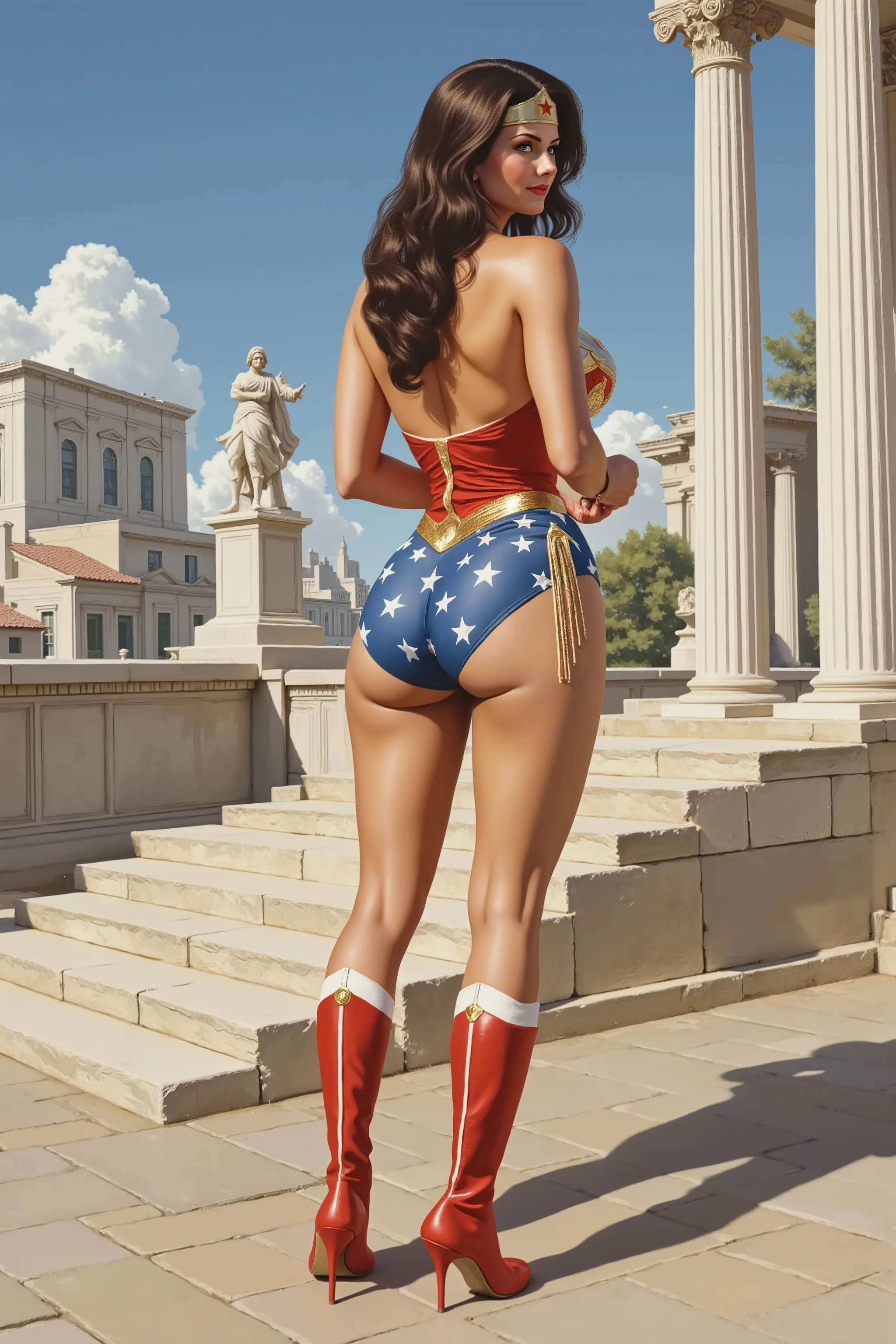 ((oil painting:1.1)) of SEXY LYNDA CARTER AS THE ICONIC 1960 WONDER WOMAN, WEARING A SPANDEX WONDER WOMAN COSTUME, SPANDEX PATRIOTIC BLUE shorts. , RED WONDER WOMAN BOOTS. HER GOLDEN LASSO ATTACHED TO THE SIDE OF HER HIP. CRYSTAL CLEAR ART, CELAN CRISP ART, 4K, 8K, MILLIONS OF TEXTURES, alexross style, heroic pose, back angle, bubble butt, ancient greek temple