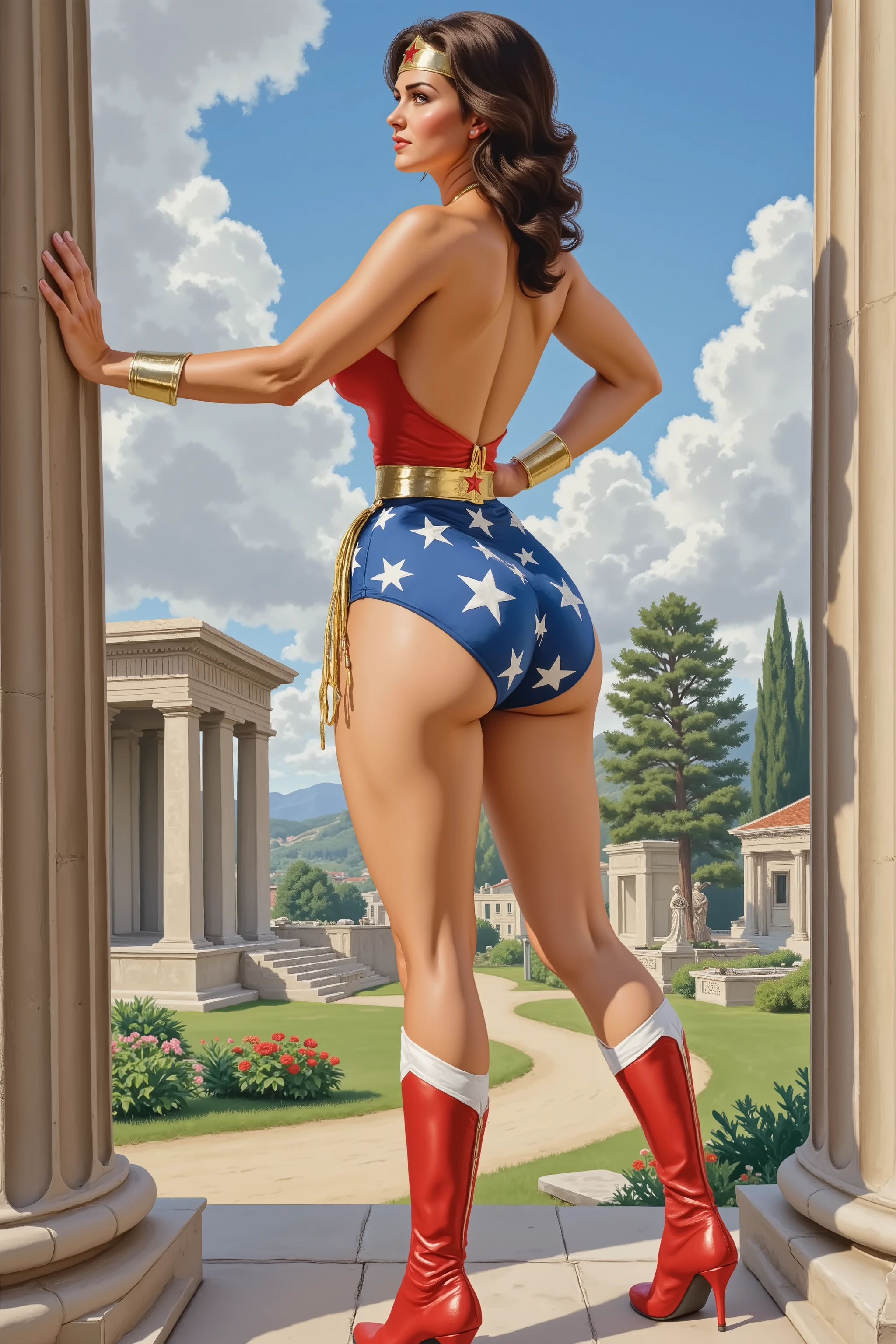 ((oil painting:1.1)) of SEXY LYNDA CARTER AS THE ICONIC 1960 WONDER WOMAN, WEARING A SPANDEX WONDER WOMAN COSTUME, SPANDEX PATRIOTIC BLUE shorts. , RED WONDER WOMAN BOOTS. HER GOLDEN LASSO ATTACHED TO THE SIDE OF HER HIP. CRYSTAL CLEAR ART, CELAN CRISP ART, 4K, 8K, MILLIONS OF TEXTURES, alexross style, heroic pose, back angle, bubble butt, ancient greek temple