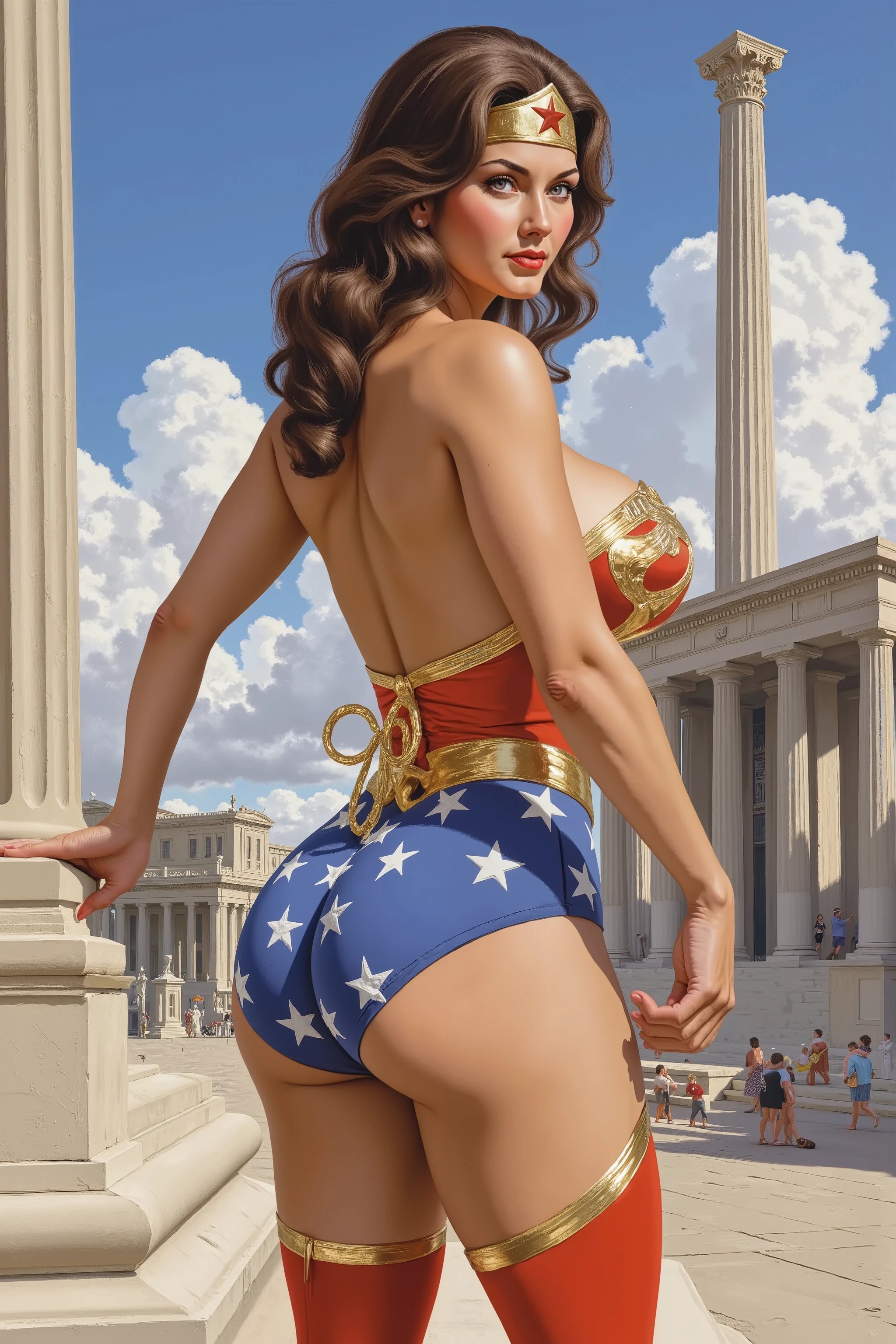((oil painting:1.1)) of SEXY LYNDA CARTER AS THE ICONIC 1960 WONDER WOMAN, WEARING A SPANDEX WONDER WOMAN COSTUME, SPANDEX PATRIOTIC BLUE shorts. , RED WONDER WOMAN BOOTS. HER GOLDEN LASSO ATTACHED TO THE SIDE OF HER HIP. CRYSTAL CLEAR ART, CELAN CRISP ART, 4K, 8K, MILLIONS OF TEXTURES, alexross style, heroic pose, back angle, bubble butt, ancient greek temple