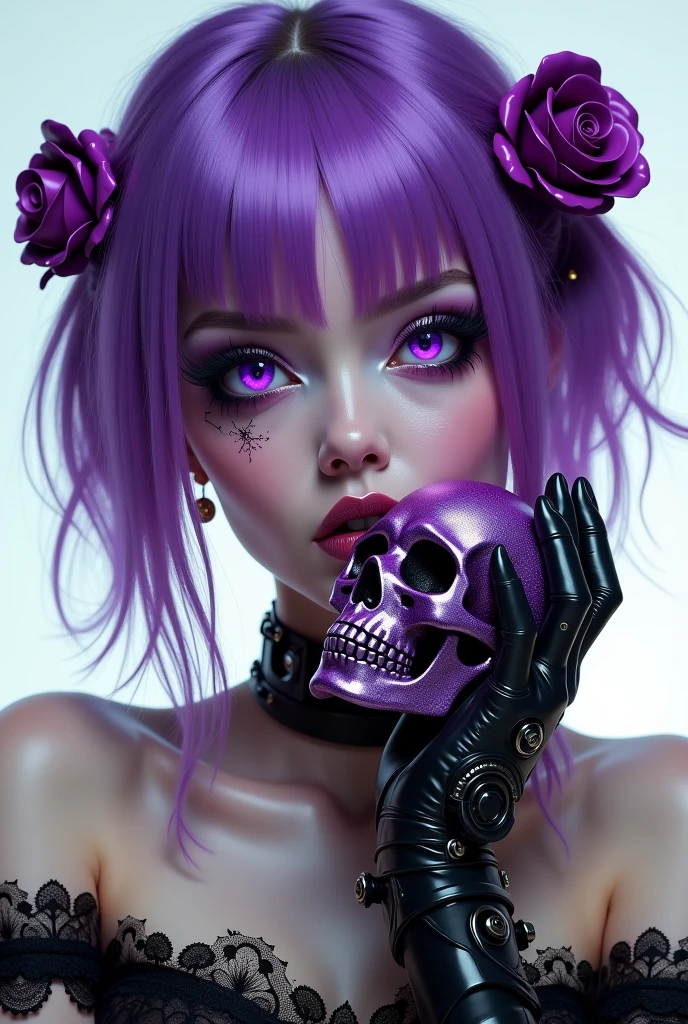 ((best qualityer)), ((work of art)), ((realisitic)), (detailded) lilac,offwhite,(fish eye), 1ghotic girl with flowing hair, melted, sexly, Lace Clothes, tattoo's, many skulls, mandalas, cinematic, Spitz, ray tracing, sheen, luminosity