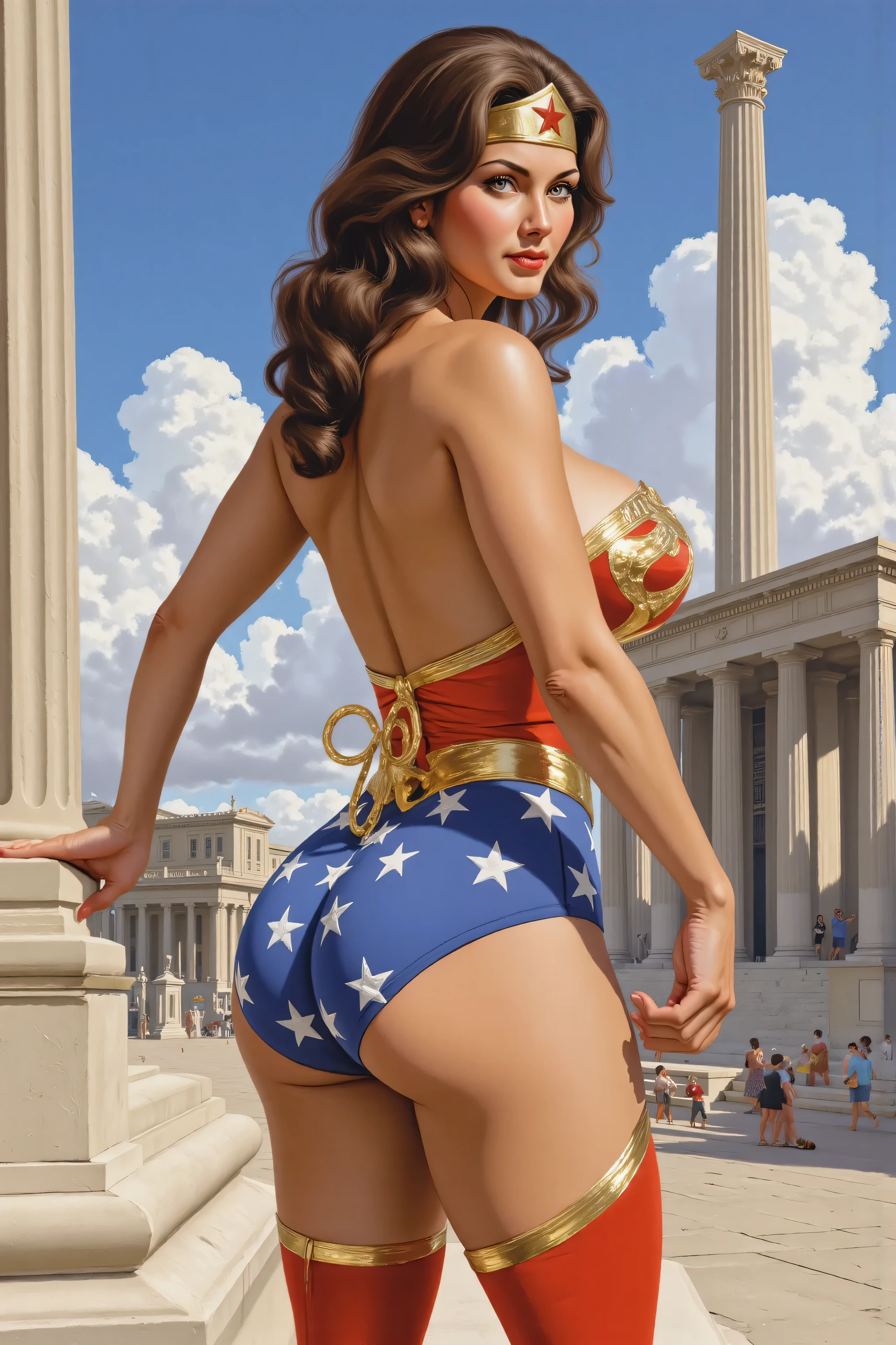 ((oil painting:1.1)) of SEXY LYNDA CARTER AS THE ICONIC 1960 WONDER WOMAN, WEARING A SPANDEX WONDER WOMAN COSTUME, SPANDEX PATRIOTIC BLUE shorts. , RED WONDER WOMAN BOOTS. HER GOLDEN LASSO ATTACHED TO THE SIDE OF HER HIP. CRYSTAL CLEAR ART, CELAN CRISP ART, 4K, 8K, MILLIONS OF TEXTURES, alexross style, heroic pose, back angle, bubble butt, ancient greek temple
