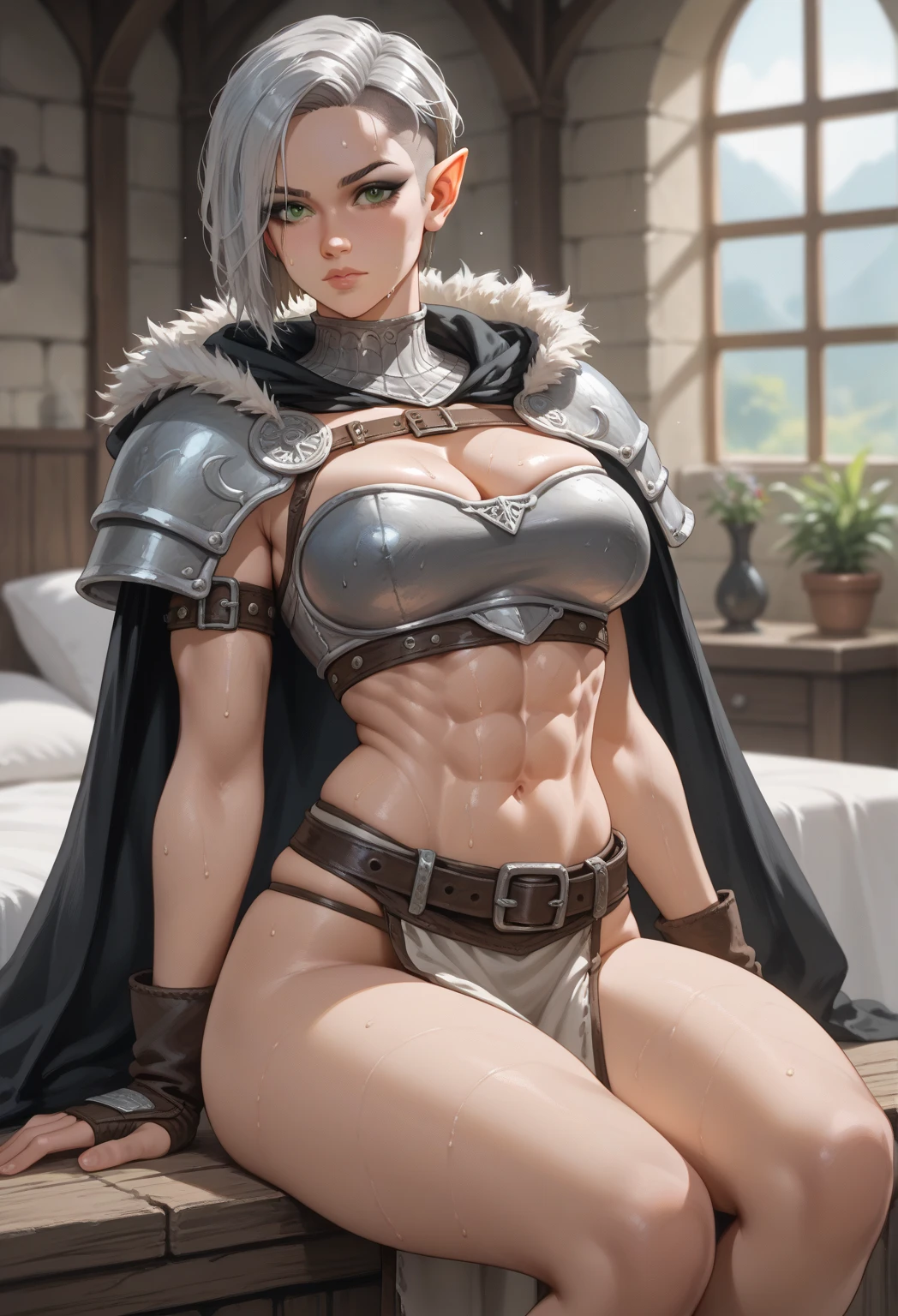nsfw, nasty elf race fighter, knight, anime style woman, slim, super big, abs, muscles, full body figure, standing pose, dynamic, silver short hair, green eyes, slanted eyes, hair between eyes, messy hair, gentle and attractive, bare shoulders, delicate and sexy collarbone, full body photo, attractive oval face, double eyelids, pink lips, small nose, ultra high definition, super detail, elegant posture, Ultra-fine translucent micro bikini armor, bite, glitter skin, sweat, thigh emphasis