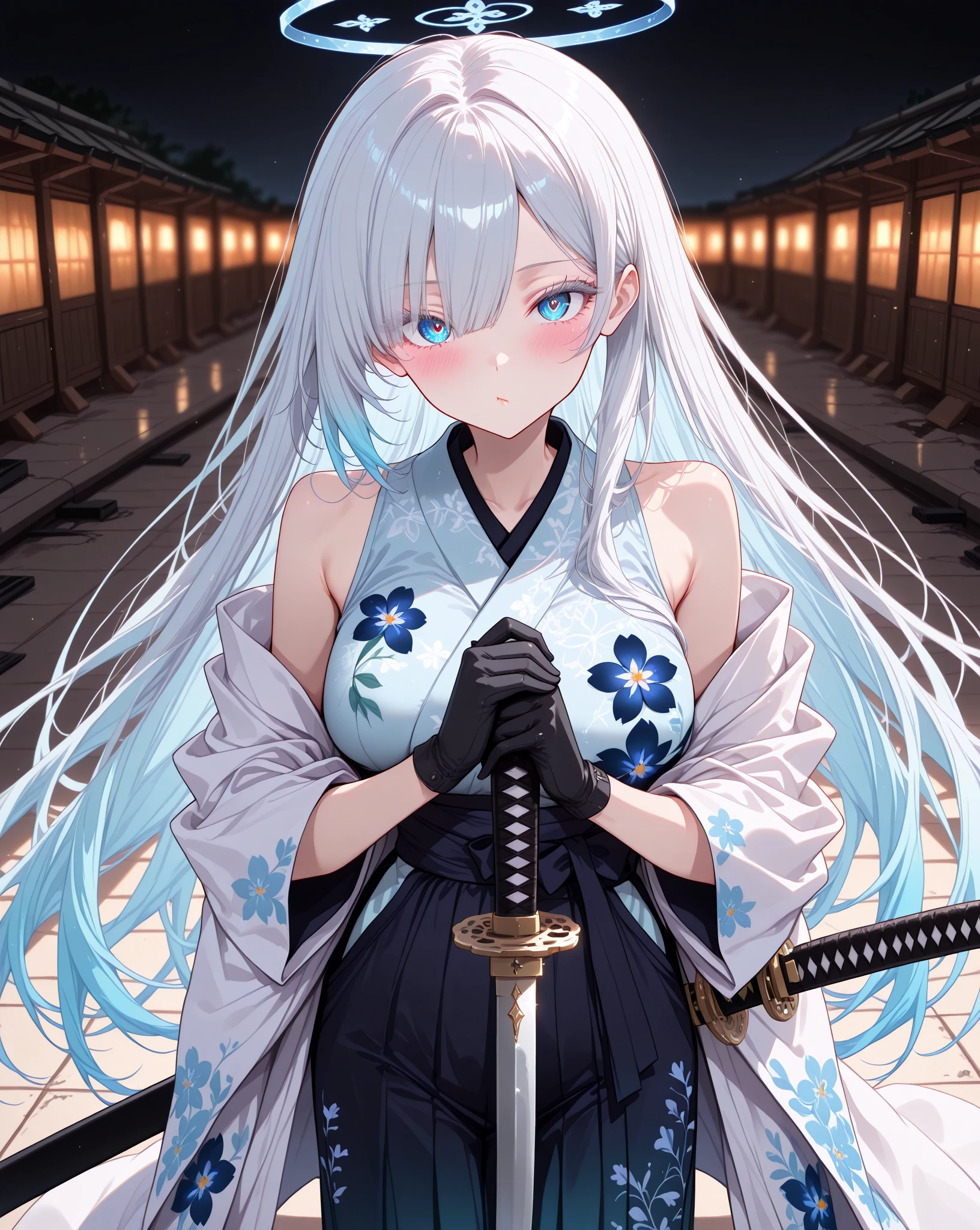 
beautiful girl、Sword、Beautiful breasts、Long white hair、kimono、Blood splatter