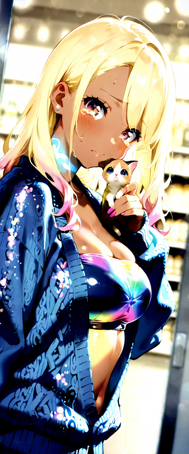 (highest quality:1.2, Very detailed, up to date, Vibrant, Ultra-high resolution, High Contrast, masterpiece:1.2, highest quality, Best aesthetics), Portraiture、girl、slim, Bright colors、Beautiful fine details、Beautiful lip detail、long hair, ((wavy hair:0.4))、messy hair, blonde and blue ((streaked hair:1.3)), highlights hair: 1.3, midium breast, (tan skin:1.3), 、t-shirt、(Holding a black cat to her chest:1), sofa, ((smile:1.4)), cowboy shot,, She is accompanied by her faithful friend, black cat