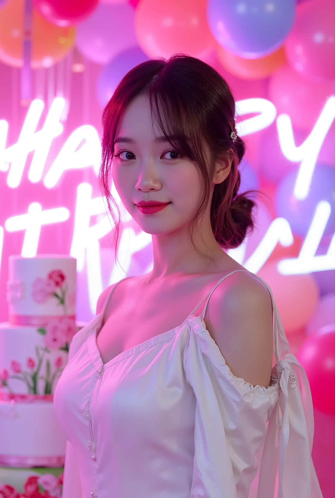 a tall girl with beautiful korean face, pale skin, red lips, a bit smile, wearing white luxury shining shimmering long sleeves dress with accessories on dress. hair chignon style brown hair with accessories pendant necklace. background neon pink fuschia and white HAPPY BIRTHDAY wording with balloons and 3 tier cake. lightning on face. daïs background