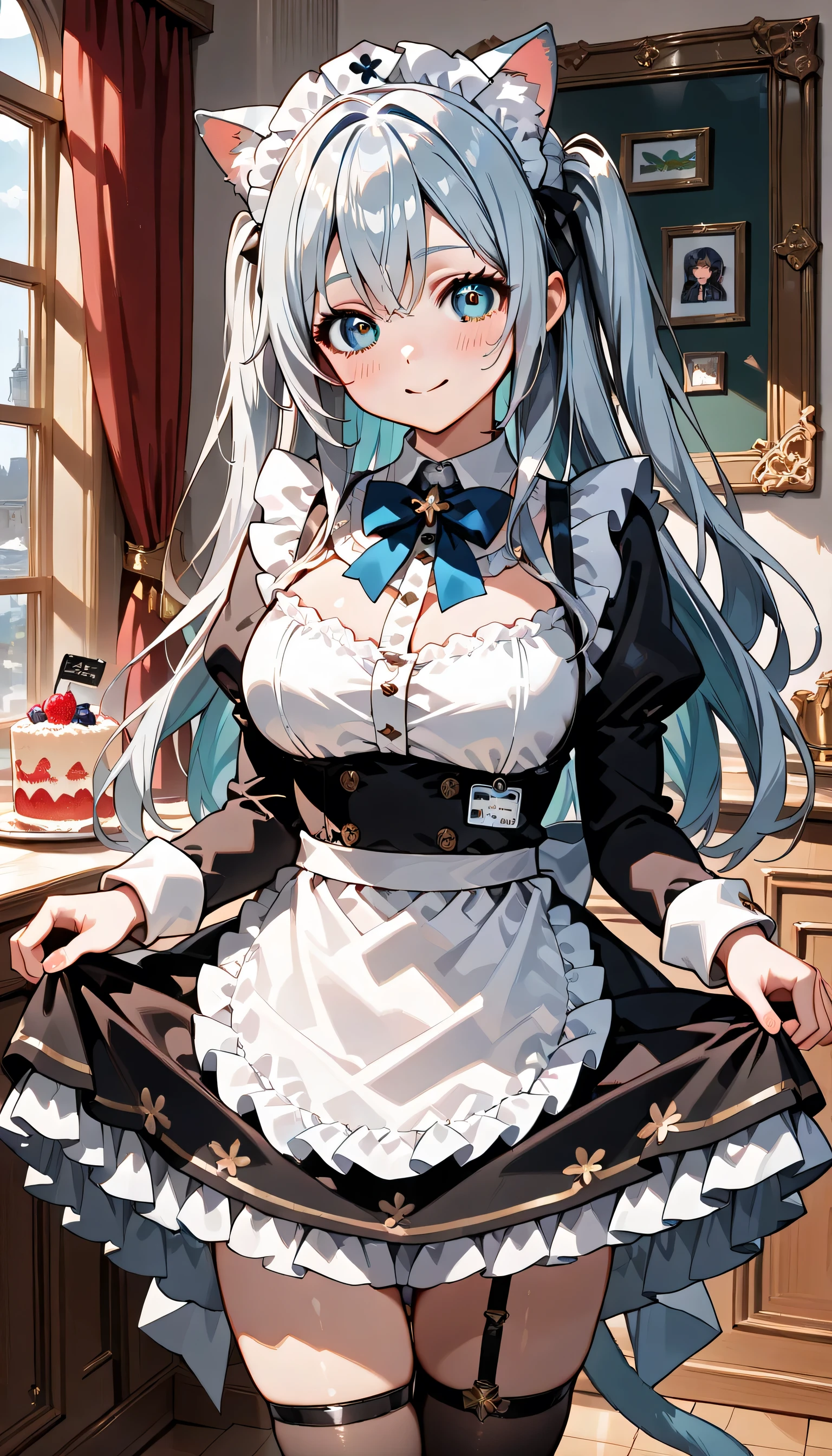 ((ultra-detailed)), (highly detailed CG illustration), (best quality:1.2), ultra-highly detailed, colorful composition, artistic photoshoot, 1girl, solo focus, ((thigh to top:1.4)), ((cowboy shot:1.4)), moe anime character, age girl, dainty facial structure, (baby face), (round face), ((rounded chin:1.2)), ((ideal ratio body proportions)), celia-default, celia claire, (blue eyes), sparkle eyes, silver hair color, two side up, cat ears, cat tail, victorian maid uniform, maid headdress, ample breasts, deep royal blue neck bow with ruby jewelry, ((curtsey:1.2)), ((smile:1.2)), ((happy:1.2)), ((blush:1.2)), standing by the cafe atelier, featuring a maid serving coffee to customers, vintage decor, and a welcoming atmosphere, have a birthday cake, dynamic pose, contrapposto pose, from front, best quality, masterpiece, expecting, pink cheek, blush, light pink gloss slip, portrait, depth of field, soft lighting, sidelighting, (shine), lighting, caustics, ray tracing, smile, perfect face, lustrous skin, highly detailed face, highly detailed eyes, perfect face, perfect nose, perfect hair, perfect eyes, perfect anatomy, beautiful hair, beautiful small face, extremely detailed face, beautiful detailed eyes, beautiful clavicle, beautiful body, beautiful huge breasts, leavage, breasts squeezed together, equalize the size of the left and right breasts, beautiful thin thighs, beautiful legs, beautiful fingers, 4 fingers, 1 thumb, lovely, (very detailed background:1.0), (highly detailed background:1.0), spring aesthetic, intricate details, festive atmosphere, joyful atmosphere, spring colors palette, chromatic aberration