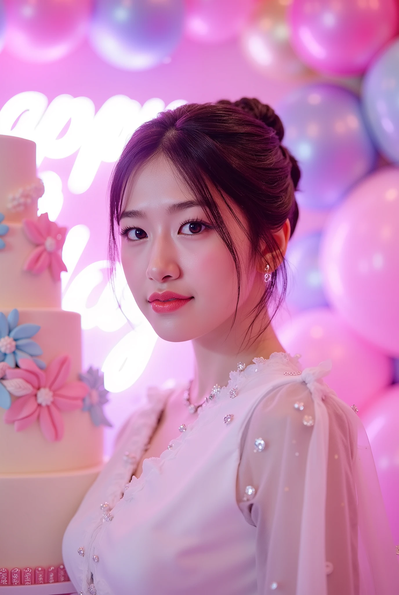 a tall girl with beautiful korean face, pale skin, red lips, a bit smile, wearing white luxury shining shimmering long sleeves dress with accessories on dress. hair chignon style brown hair with accessories pendant necklace. background neon pink fuschia and white HAPPY BIRTHDAY wording with balloons and 3 tier cake. lightning on face. daïs background