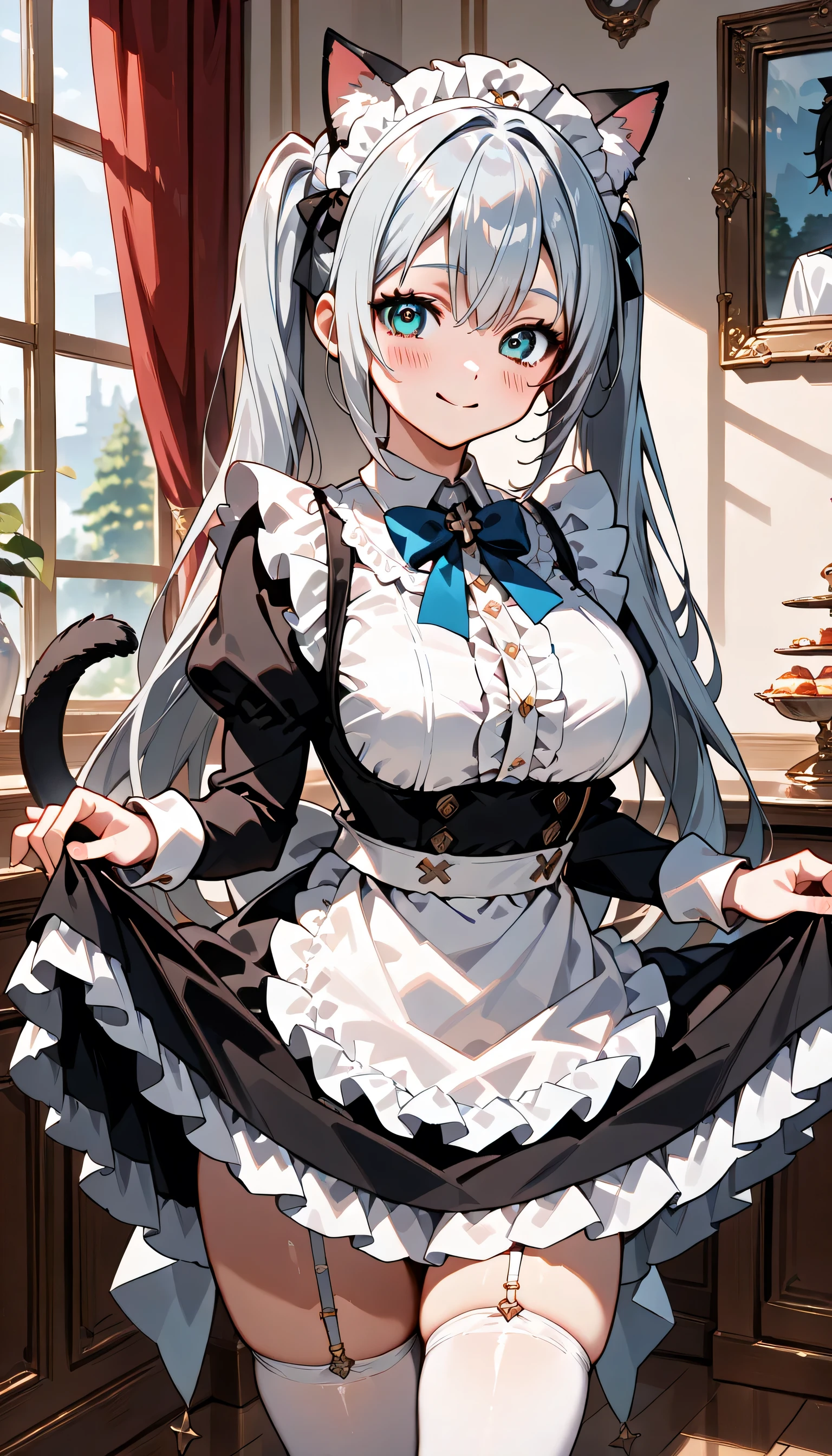 ((ultra-detailed)), (highly detailed CG illustration), (best quality:1.2), ultra-highly detailed, colorful composition, artistic photoshoot, 1girl, solo focus, ((thigh to top:1.4)), ((cowboy shot:1.4)), moe anime character, girl, dainty facial structure, (bab(round face), ((rounded chin:1.2)), ((ideal ratio body proportions)), celia-default, celia claire, (blue eyes), sparkle eyes, silver hair color, two side up, cat ears, cat tail, victorian maid uniform, maid headdress, ample breasts, deep royal blue neck bow with ruby jewelry, ((curtsey:1.2)), ((smile:1.4)), ((happy:1.2)), ((blush:1.4)), standing by the cafe atelier, featuring a maid serving coffee to customers, vintage decor, and a welcoming atmosphere, have a birthday cake, dynamic pose, contrapposto pose, from front, best quality, masterpiece, expecting, pink cheek, blush, light pink gloss slip, portrait, depth of field, soft lighting, sidelighting, (shine), lighting, caustics, ray tracing, smile, perfect face, lustrous skin, highly detailed face, highly detailed eyes, perfect face, perfect nose, perfect hair, perfect eyes, perfect anatomy, beautiful hair, beautiful small face, extremely detailed face, beautiful detailed eyes, beautiful clavicle, beautiful body, beautiful huge breasts, leavage, breasts squeezed together, equalize the size of the left and right breasts, beautiful thin thighs, beautiful legs, beautiful fingers, 4 fingers, 1 thumb, lovely, (very detailed background:1.0), (highly detailed background:1.0), spring aesthetic, intricate details, festive atmosphere, joyful atmosphere, spring colors palette, chromatic aberration