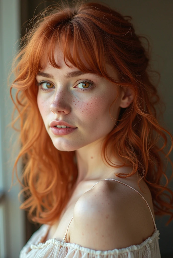 redhead woman + big, intense brown almond-shaped eyes + curly hair 3a and 3b + tight dress + Brazilian + freckles