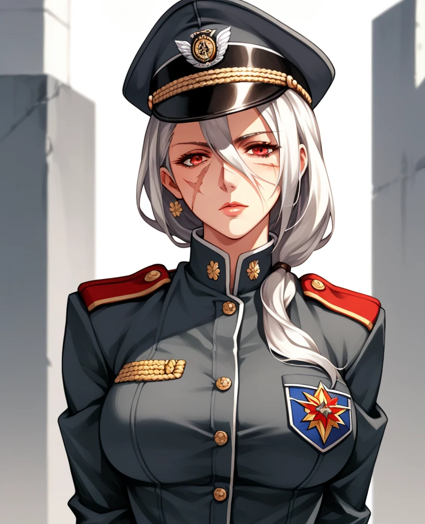 (1girl:1.3), (exceptional, best aesthetic, new, newest, best quality, anime, waifu:1.2), master piece, best quality, ultra detailed, absurdres, highres, colored, good anatomy, grey hair, woman breast, sexy, kaki color military uniform, kaki color kepi peak cap, insignia, medals, ribbons