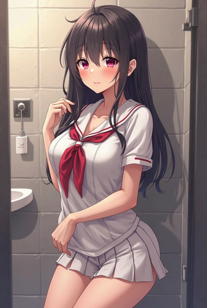 A dark-haired, freckled, glasses-wearing mature woman dressed as Sailor Mars, wearing white gloves and red high heels, with a displeased look on her face in the kitchen. Thick eyebrows