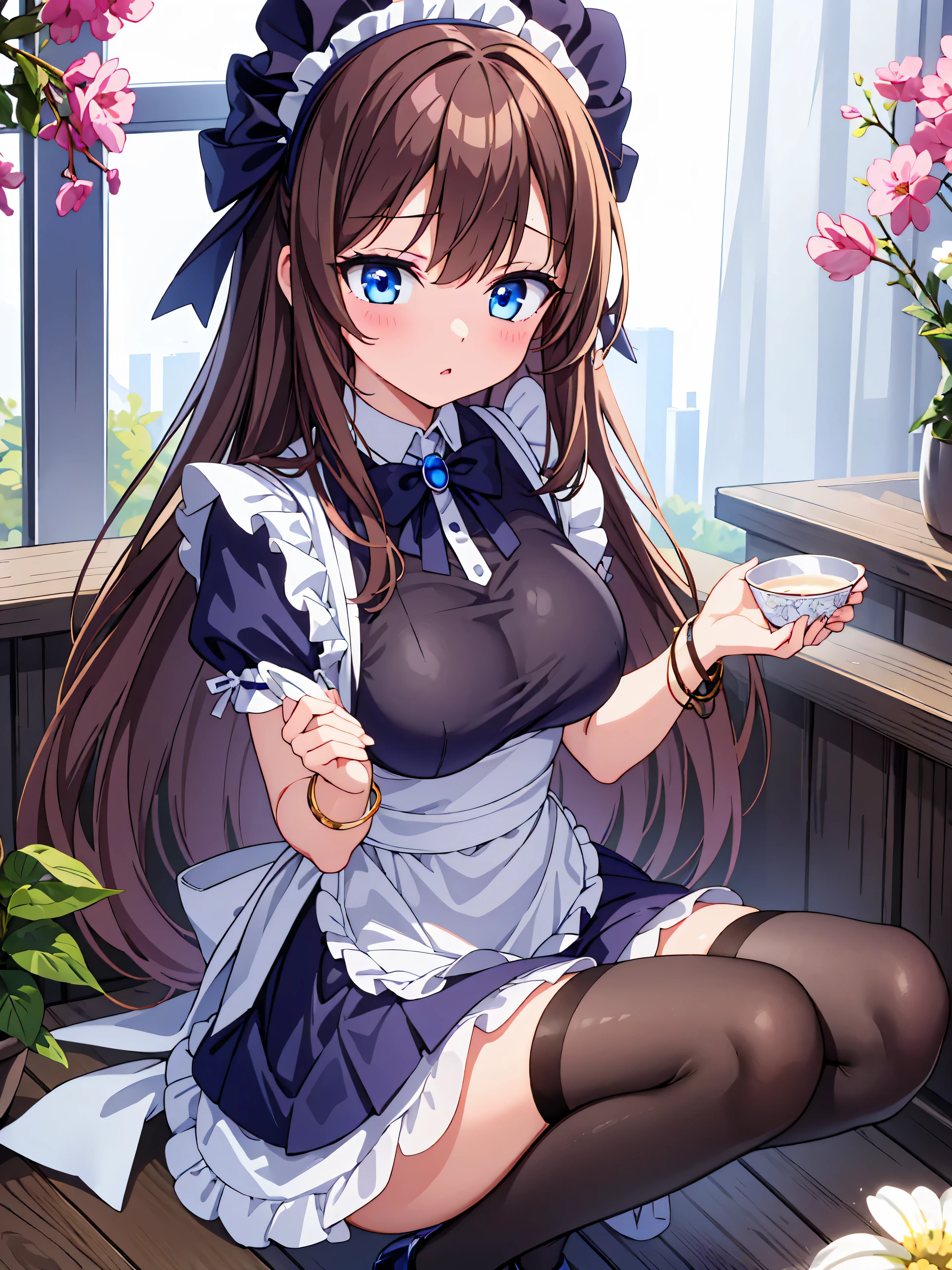 Highly detailed, high quality, masterpiece, beautiful, (all photo shooting), girl student girl, perfect eyes, blue eyes, clear eyes, blushing face, drinking milk, big thighs, medium breast, long hair, light brown hair, with bracelet in hand, bow in hair, flower headband, wearing sky blue sexy maid outfit, with black stockings, short mini skirt, full thong show, sexy, squatting drinking milk background image