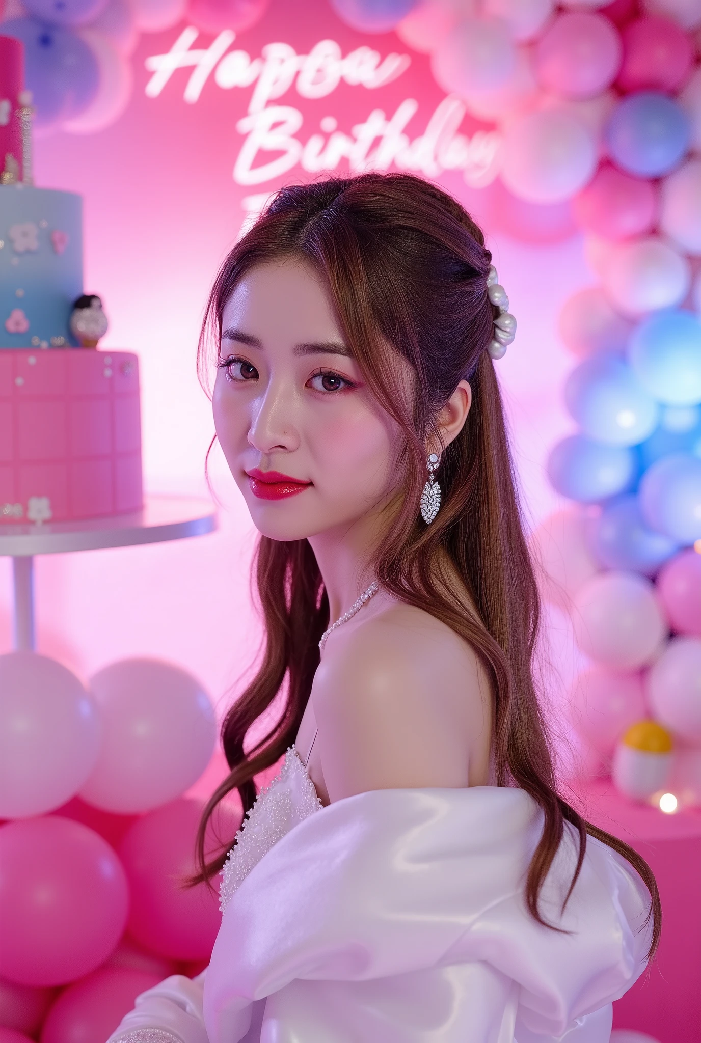 a tall girl with beautiful korean face, pale skin, red lips, a bit smile, wearing white luxury shining shimmering long sleeves dress with accessories on dress. hair chignon style brown hair with accessories pendant necklace. background neon pink fuschia and white HAPPY BIRTHDAY wording with balloons and 3 tier cake. lightning on face. daïs background