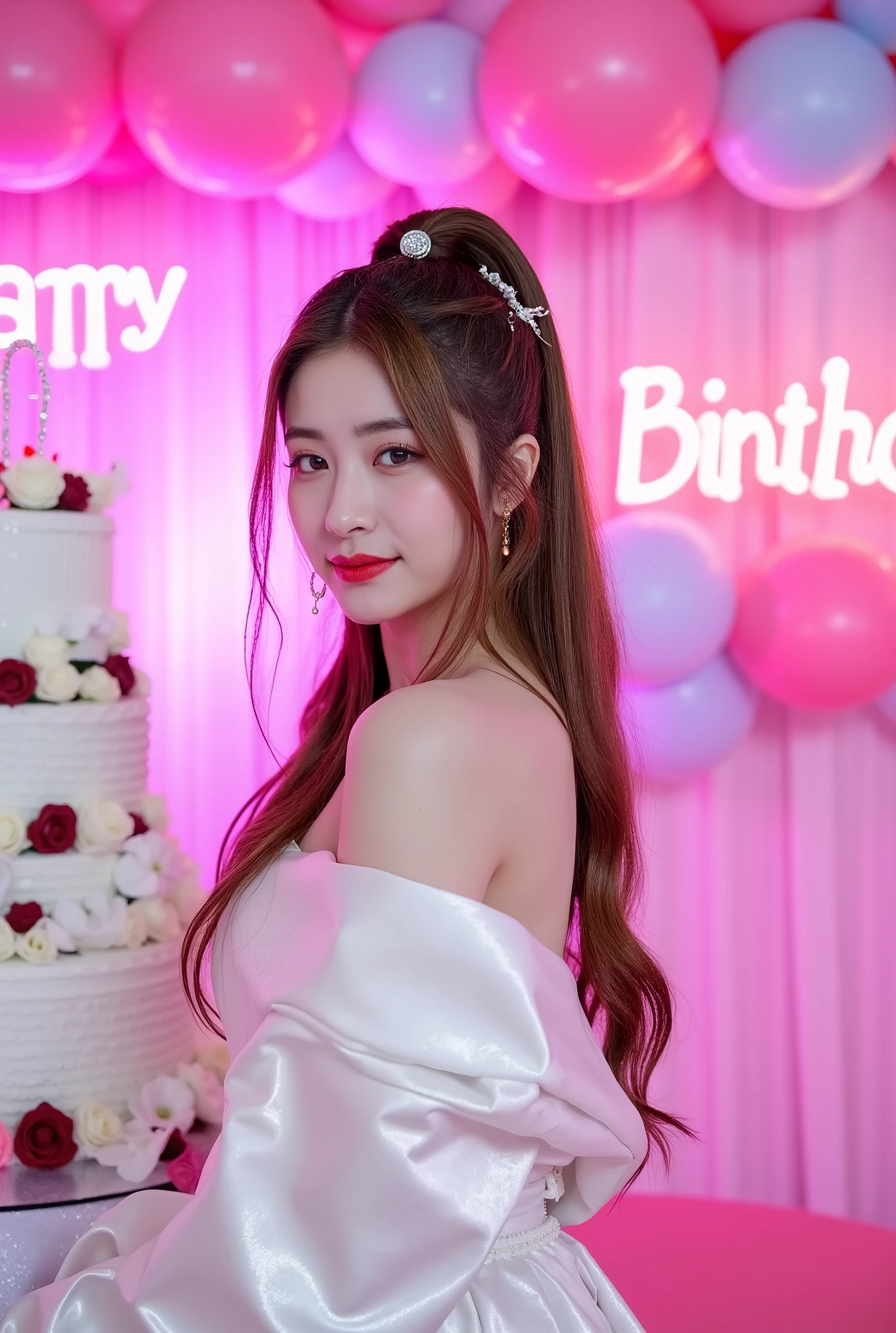 a tall girl with beautiful korean face, pale skin, red lips, a bit smile, wearing white luxury shining shimmering long sleeves dress with accessories on dress. hair chignon style brown hair with accessories pendant necklace. background neon pink fuschia and white HAPPY BIRTHDAY wording with balloons and 3 tier cake. lightning on face. daïs background