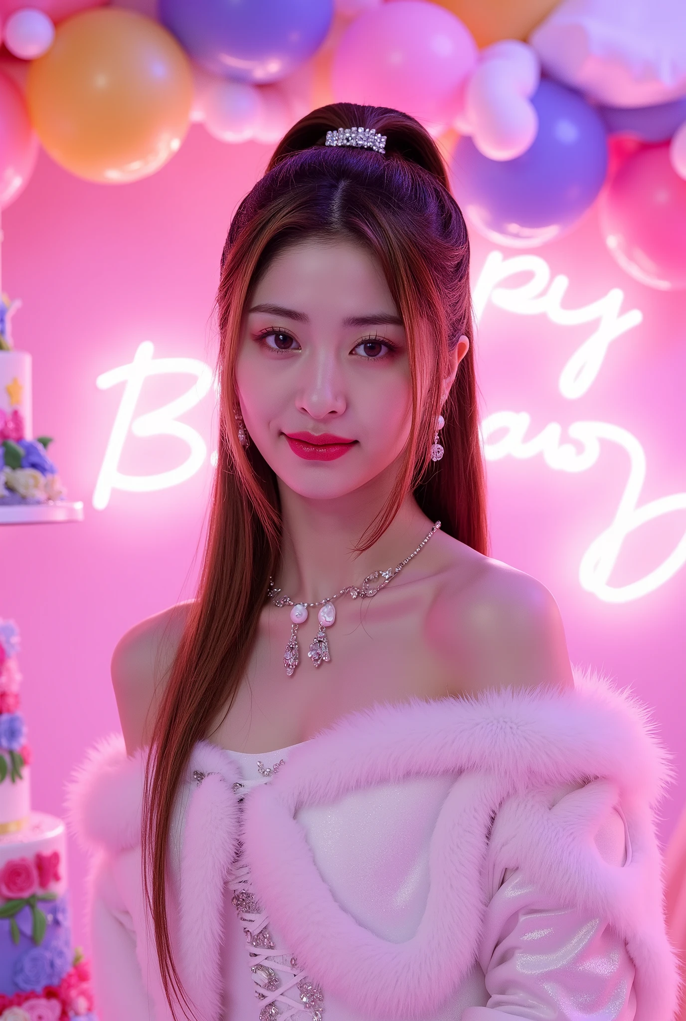a tall girl with beautiful korean face, pale skin, red lips, a bit smile, wearing white luxury shining shimmering long sleeves dress with accessories on dress. hair chignon style brown hair with accessories pendant necklace. background neon pink fuschia and white HAPPY BIRTHDAY wording with balloons and 3 tier cake. lightning on face. daïs background