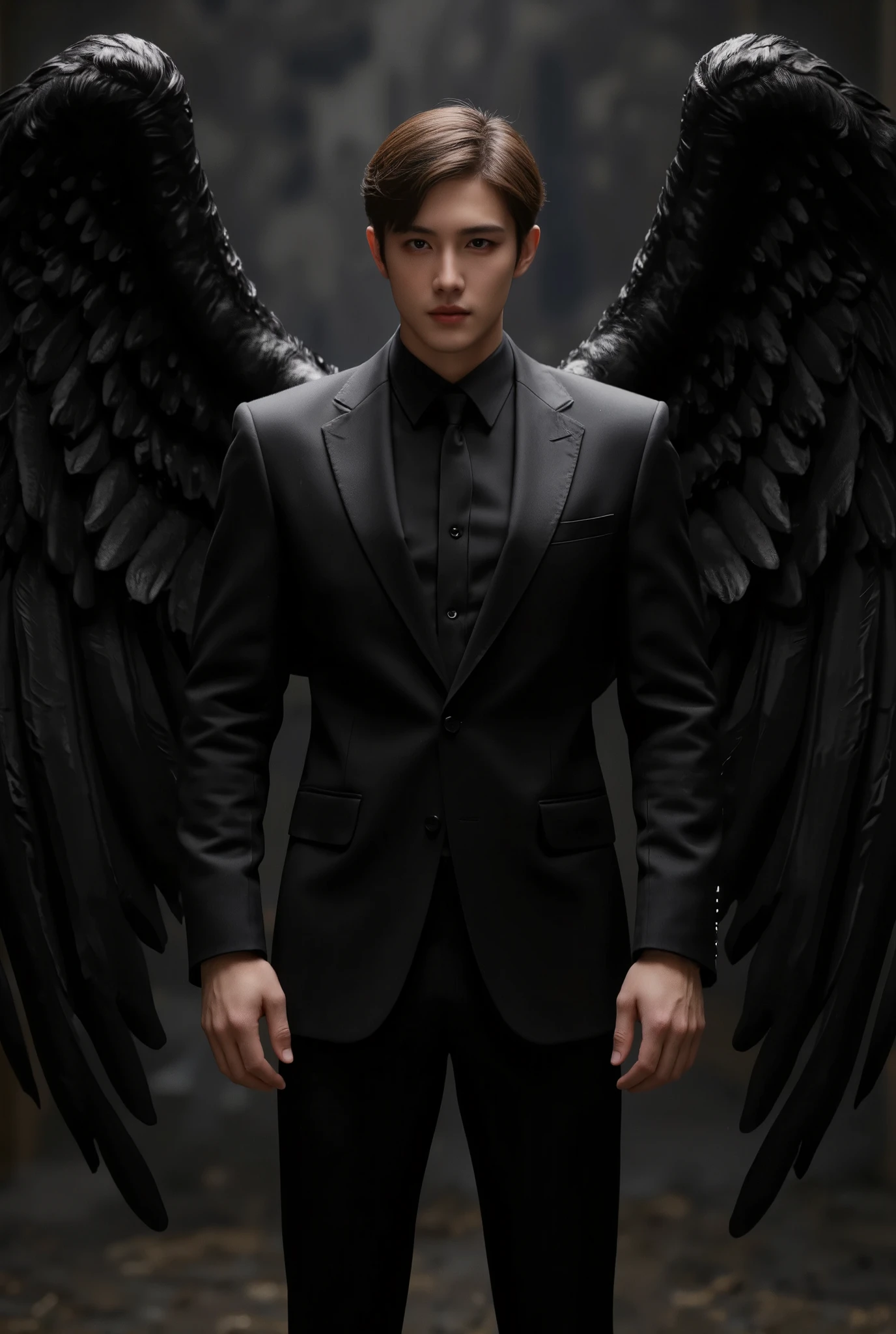 Handsome man with black suit, black angel wings