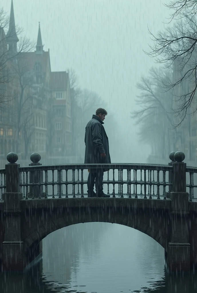In the rain there was a man standing alone on the bridge - SeaArt AI