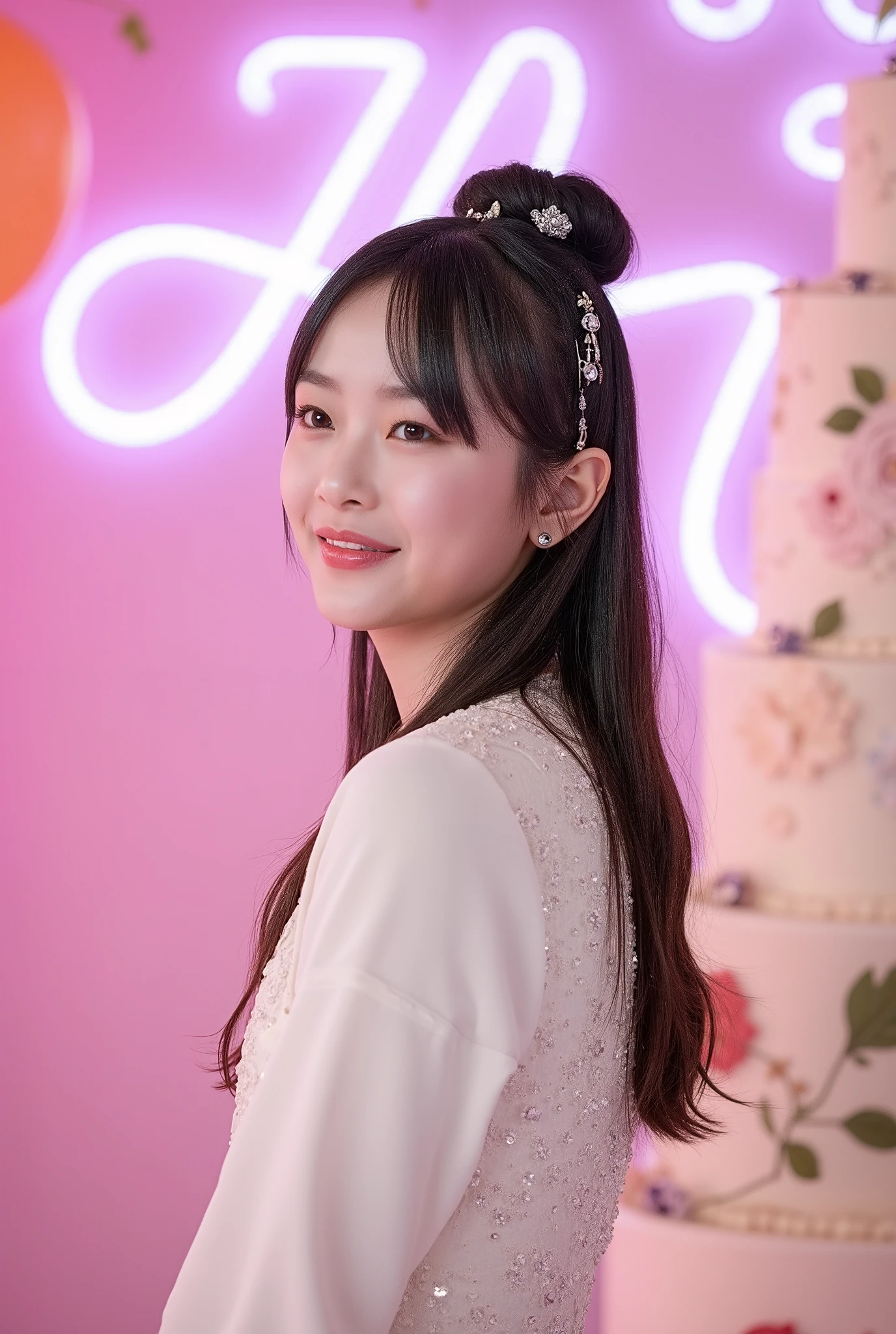 a tall girl with beautiful korean face, pale skin, red lips, a bit smile, wearing white luxury shining shimmering long sleeves dress with accessories on dress. hair chignon style brown hair with accessories pendant necklace. background neon pink fuschia and white HAPPY BIRTHDAY wording with balloons and 3 tier cake. lightning on face. daïs background