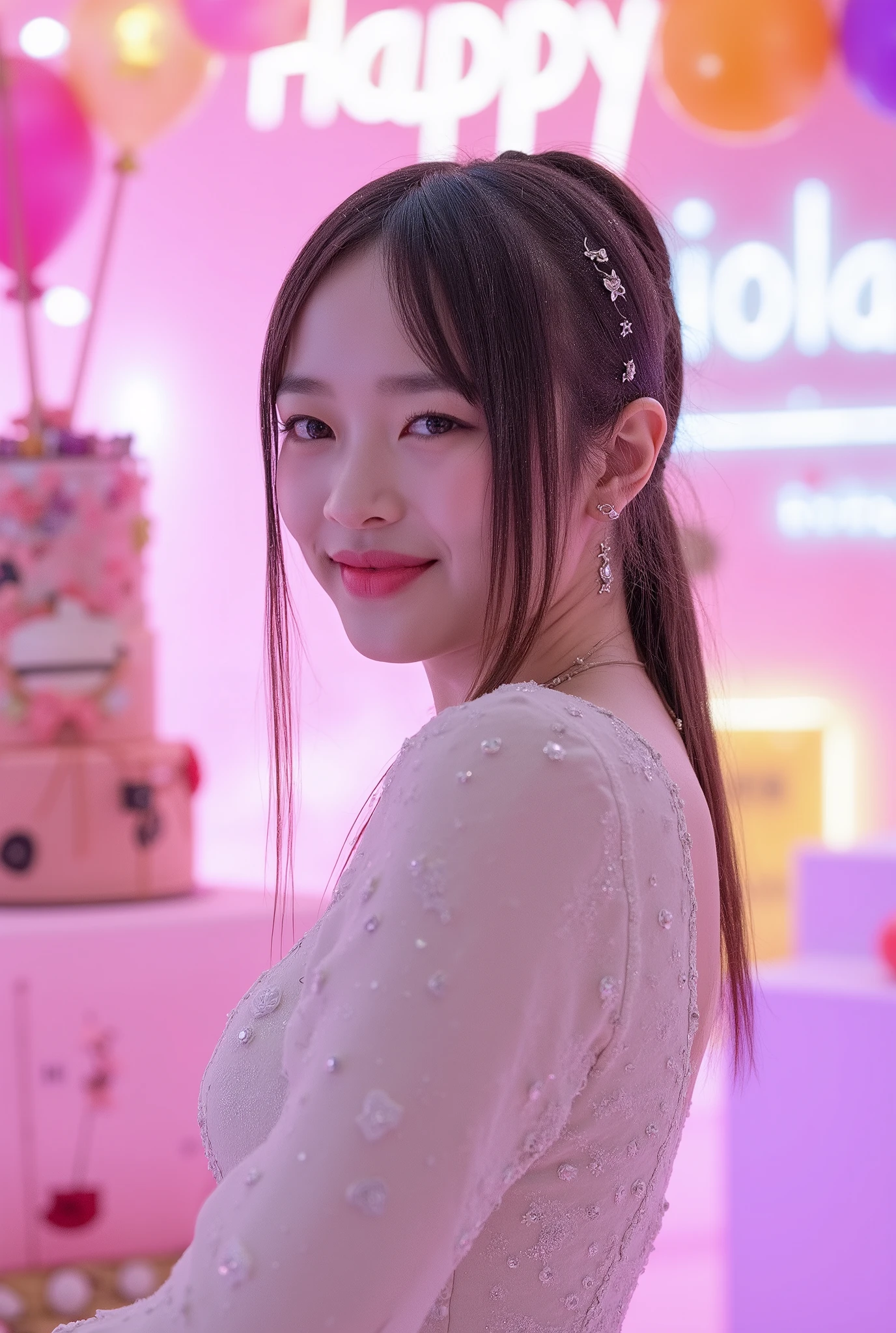 a tall girl with beautiful korean face, pale skin, red lips, a bit smile, wearing white luxury shining shimmering long sleeves dress with accessories on dress. hair chignon style brown hair with accessories pendant necklace. background neon pink fuschia and white HAPPY BIRTHDAY wording with balloons and 3 tier cake. lightning on face. daïs background