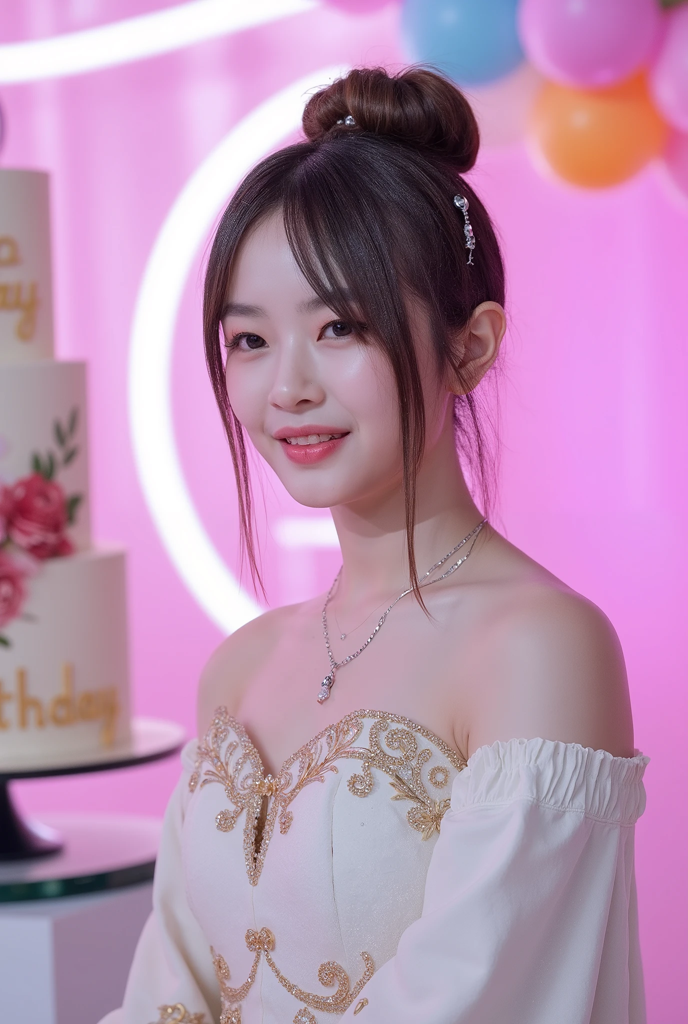 a tall girl with beautiful korean face, pale skin, red lips, a bit smile, wearing white luxury shining shimmering long sleeves dress with accessories on dress. hair chignon style brown hair with accessories pendant necklace. background neon pink fuschia and white HAPPY BIRTHDAY wording with balloons and 3 tier cake. lightning on face. daïs background