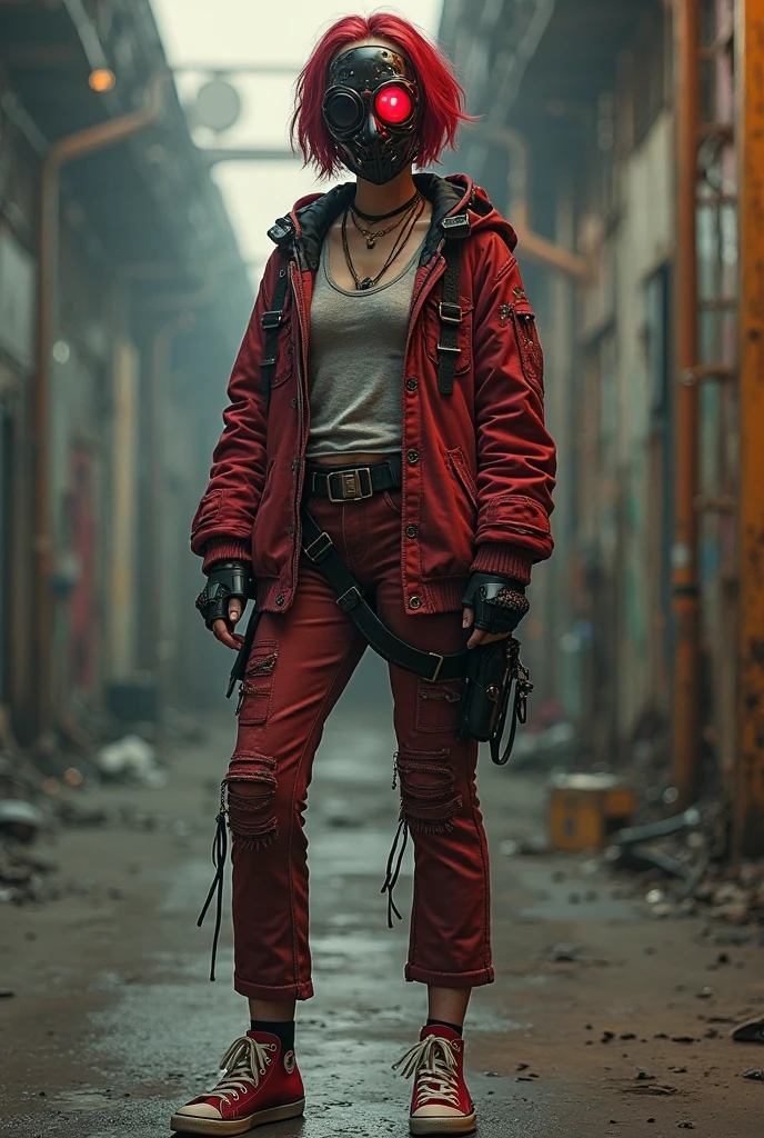 MAKE a Brazilian female character with short red hair, wearing a red plaid jacket, some ripped straight pants and a red all star. its mask is divided into two parts. 1 does the display have technological aspects, with neon red 2 your mask covers your face completely, This part, on the other hand, has military, tactical and grunge aspects, with a slight reference to the Cyberpunk universe. Your mask is made of leather with some black metallic things