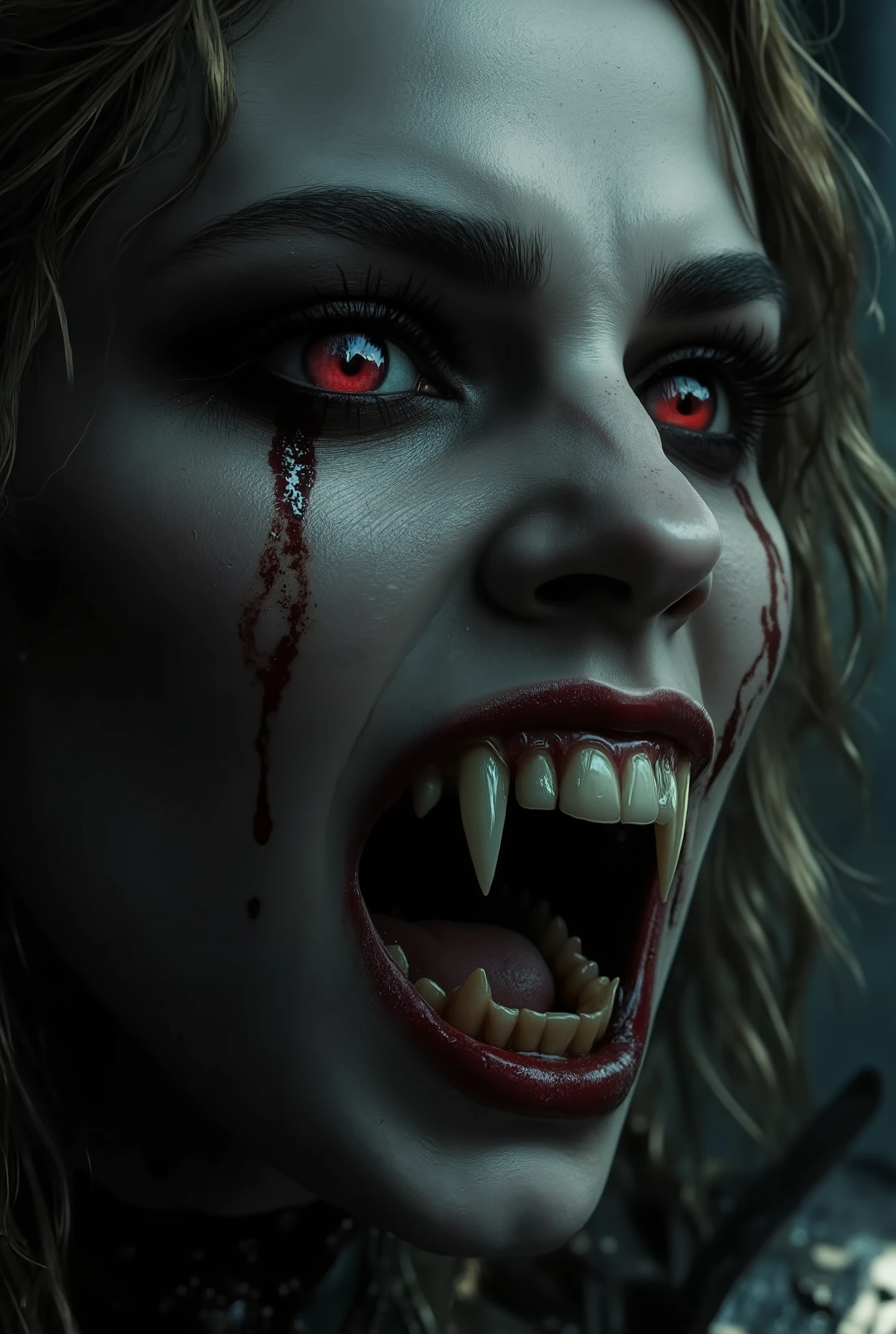 queen Vampire warrior with large pointed teeth wearing Spartan armor, com a boca aberta mostrando large, pointed teeth , large, pointed teeth , soldier, night, dancing, 8k quality, a very detailed face, cinematic