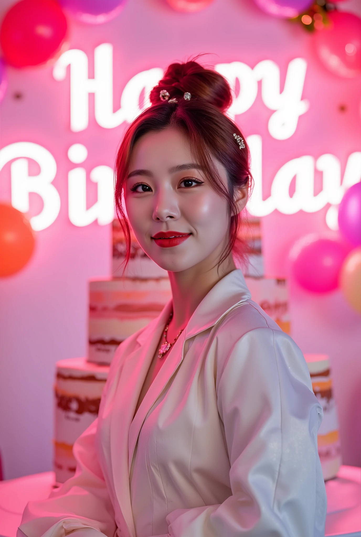 a tall girl with beautiful korean face, pale skin, red lips, a bit smile, wearing white luxury shining shimmering long sleeves dress with accessories on dress. hair chignon style brown hair with accessories pendant necklace. background neon pink fuschia and white HAPPY BIRTHDAY wording with balloons and 3 tier cake. lightning on face. daïs background