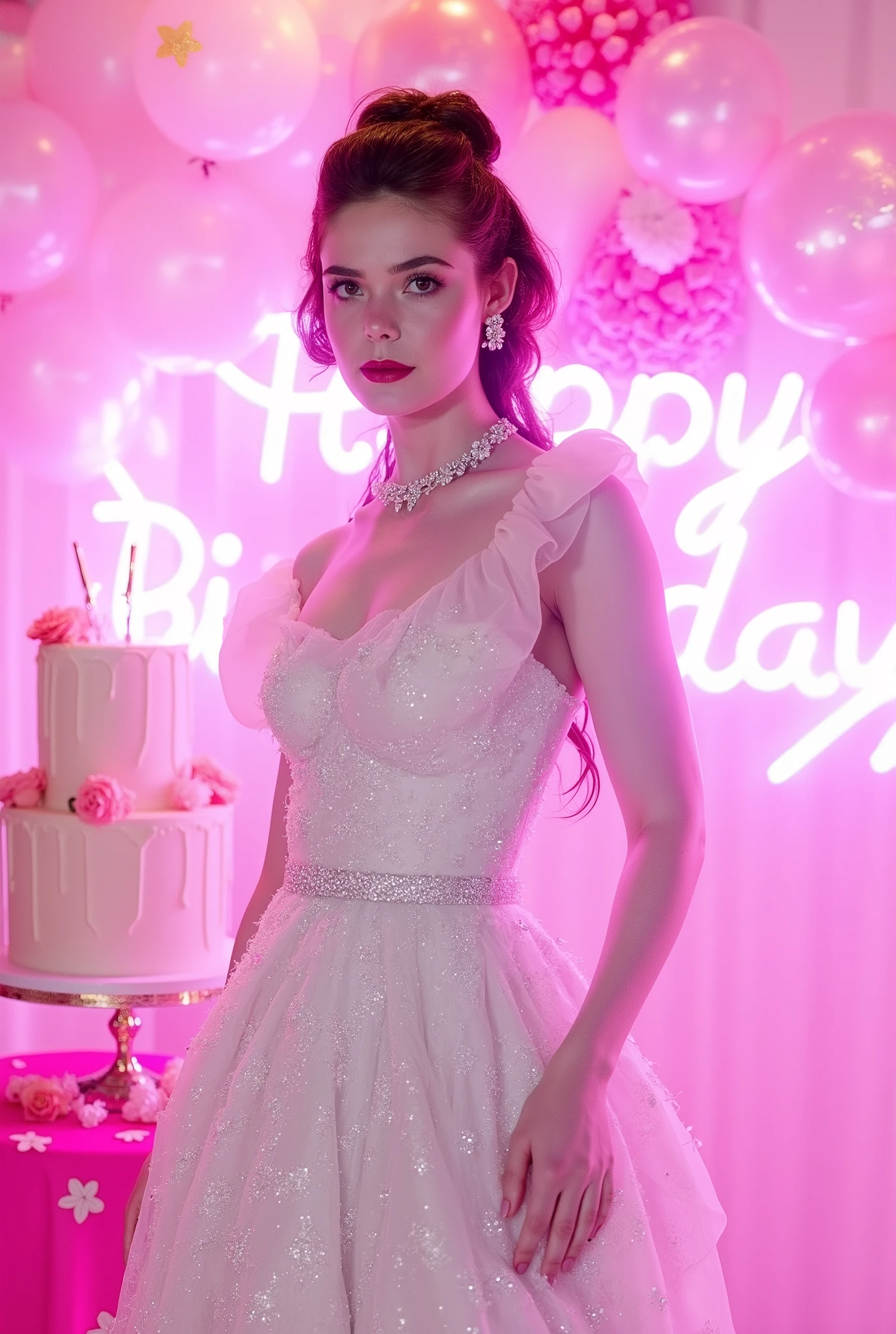 a tall girl with beautiful face, pale skin, red lips, a bit smile, wearing white luxury shining shimmering long sleeves dress with accessories on dress. hair chignon style brown hair with accessories pendant necklace. background neon pink fuschia and white HAPPY BIRTHDAY wording with balloons and 3 tier cake. lightning on face. daïs background