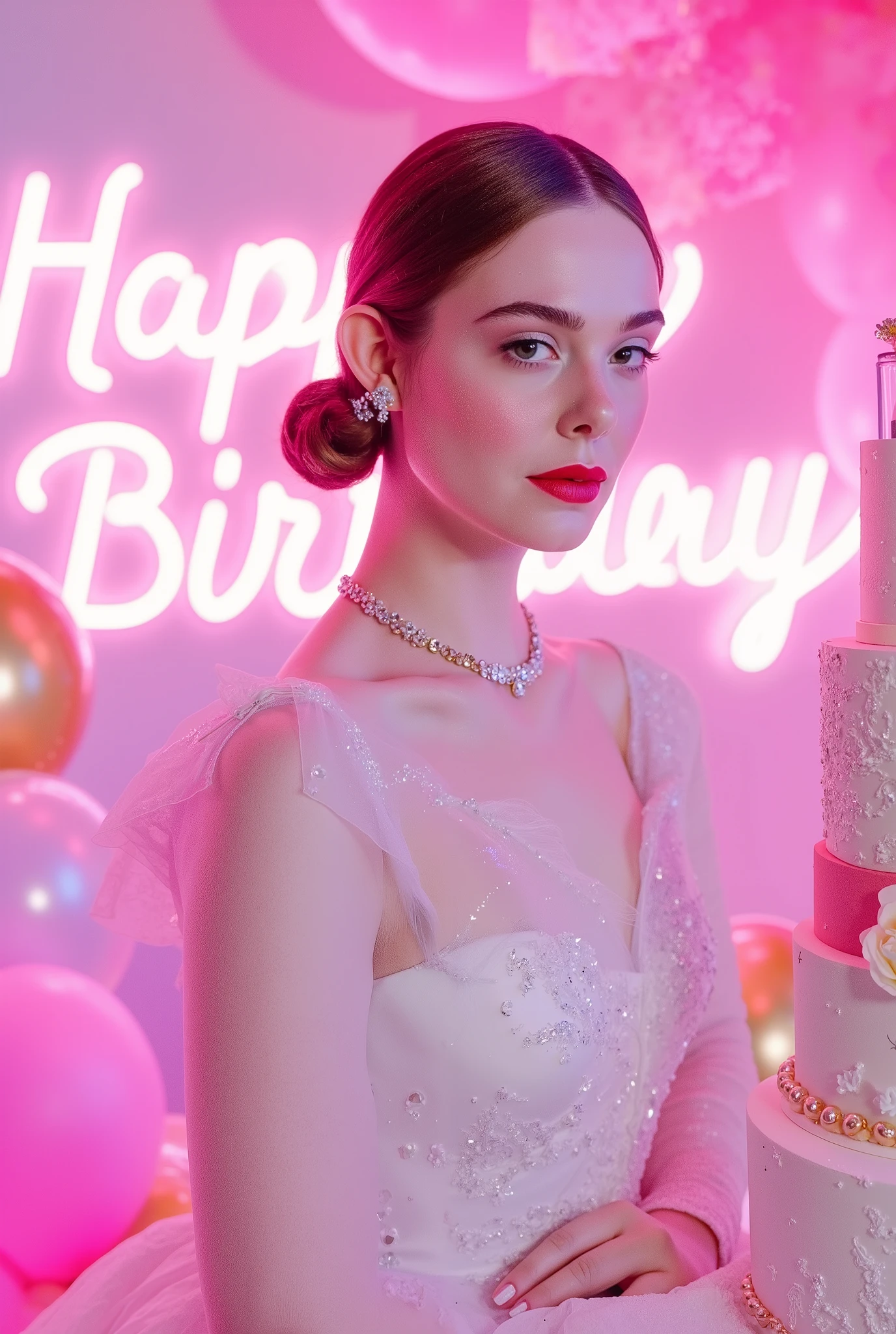 a tall girl with beautiful face, pale skin, red lips, a bit smile, wearing white luxury shining shimmering long sleeves dress with accessories on dress. hair chignon style brown hair with accessories pendant necklace. background neon pink fuschia and white HAPPY BIRTHDAY wording with balloons and 3 tier cake. lightning on face. daïs background