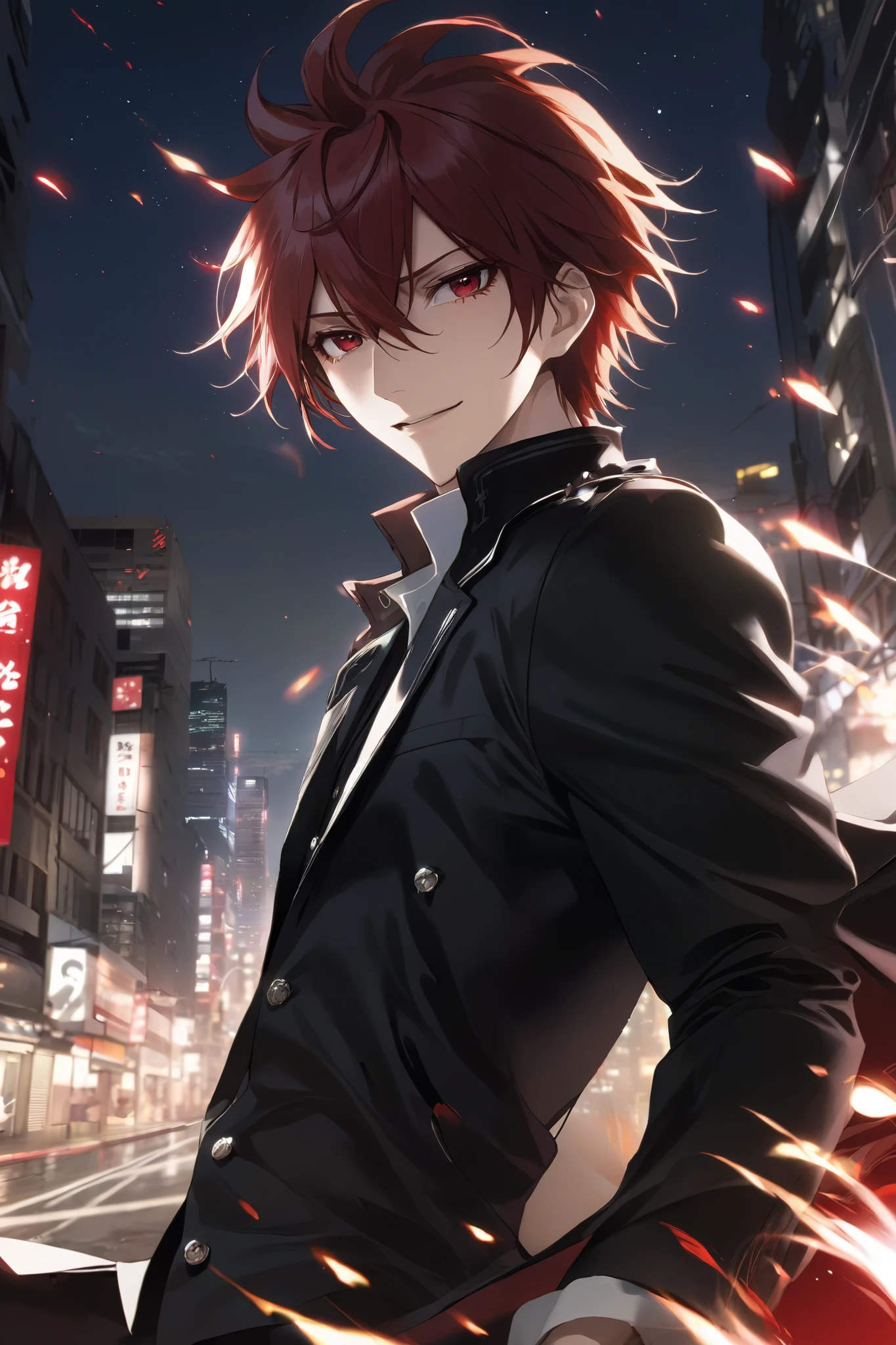 anime character Red-haired and a black jacket, Red-haired, anime handsome man, male anime character, 1 boy, Alone, Mikoto Suou, k project, ((())), Madness, Malkavian, Background city, ( night ), Grin, Cowboy Shooting, dynamic lighting
