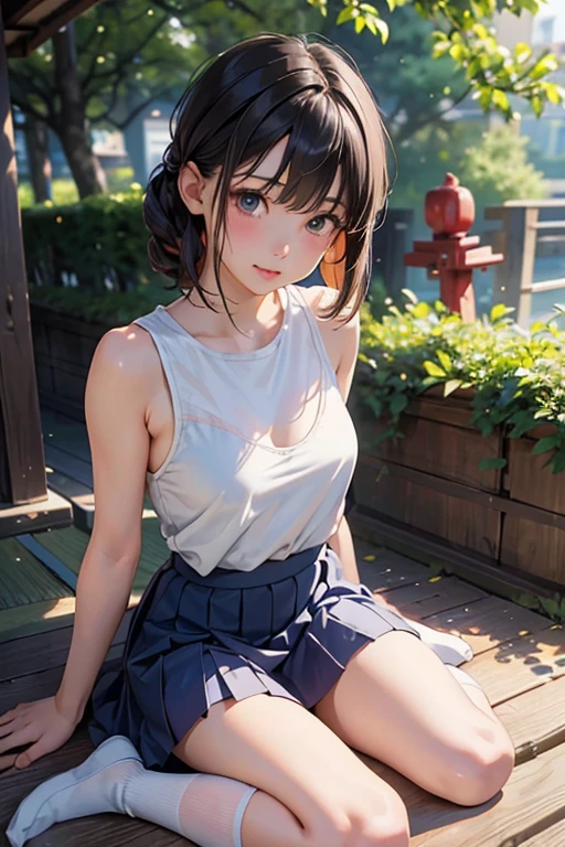 1girl, woman, 25 years old woman, beautiful, medium breasts, flirtatious look, ((very detailed)), (perfectly detailed face), looking at viewer:1.8, (1girl eyes looking at viewer:1.55), Upper body, Simple Background, Emphasis on the chest, Hands behind the body, hands behind head, whole body, Raise your arms and show your armpits, show your armpits, hands behind head, waki, smile, photorealistic image, high res, girl in summer clothes, Plain costumes, mini skirt, park bench, one piece dress, photorealistic, (bokeh), best quality, 8k, UHD, anatomically correct, textured skin