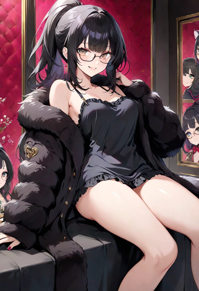 A woman sitting on a couch, sorrindo e posando, (cabelo curto), (Quarto escuro) (Deitada) ( Quarto com pouca luz) (usando uma lingerie preta) (holding a glass of wine)
