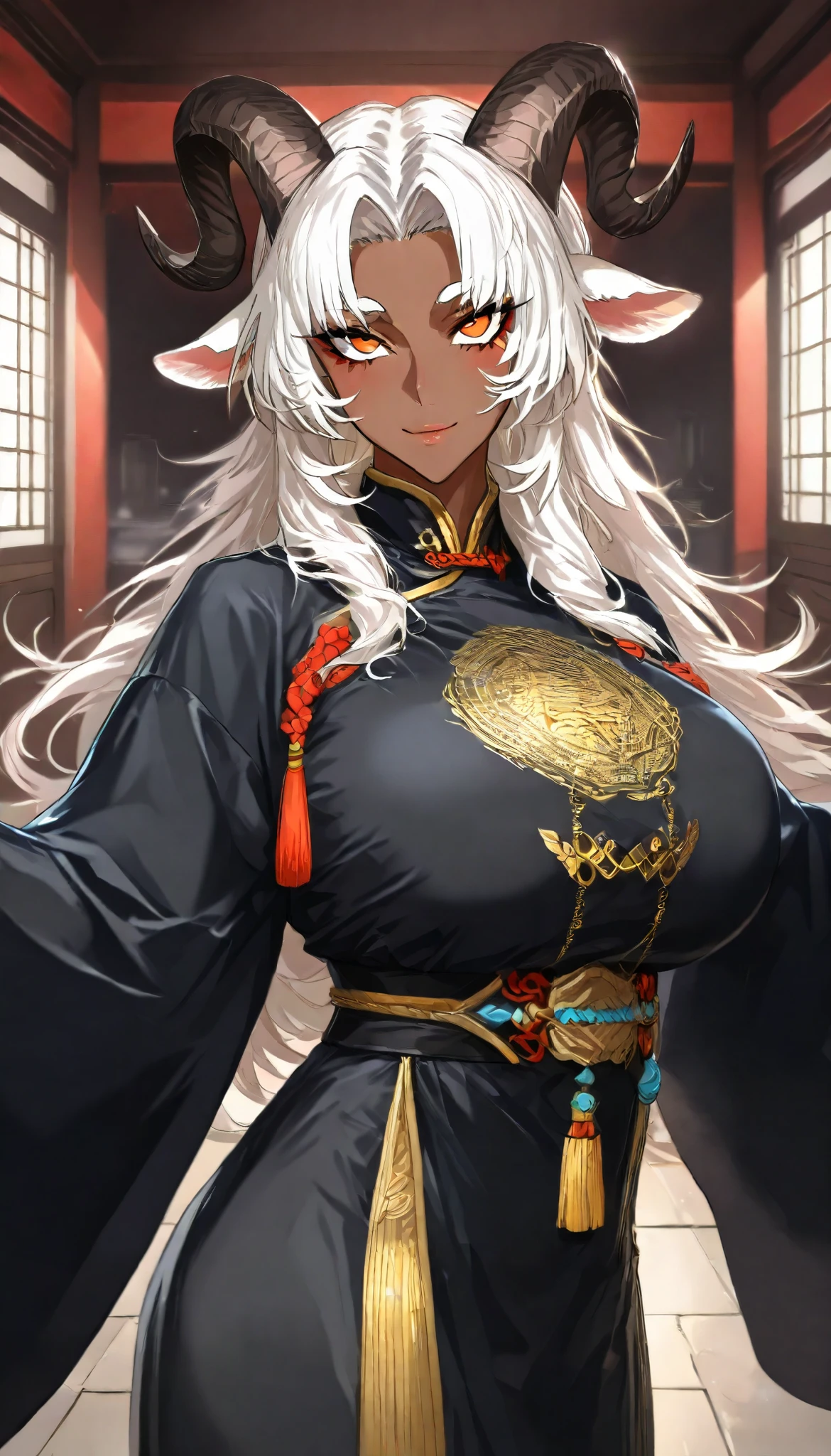A Goat Female, Mature flavor, Goat Ears, Dark skin, Perfect body, Oppai,A pair of Goat horns(brown), (White long hair, curtained hair, messy hair),orange eyes, Wearing A Black and Grey Taoist Robe, Open pose,seductive smile, In A Chinese Classic Temple, UHD, SOLO, anatomically correct, masterpiece, textured skin, high details, highres, 1080P, 16k, accurate，Beautiful face, Perfect face, Highly detailed beautiful face and eyes, Attractive face, Detailed face, Delicate facial features, Detailed skin,Cowboy shot