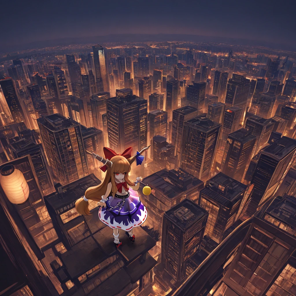 (Super detailed, masterpiece:1.2), Highly detailed artwork, Highest quality, High resolution, Surreal:1.37, Attractive Splatoon Girl, A slightly thinner face、Golden Eyes、Golden tentacle hair、Big Breasts、Cleavage、A breathtaking leap, Cityscape in the background、Real Anime、3d