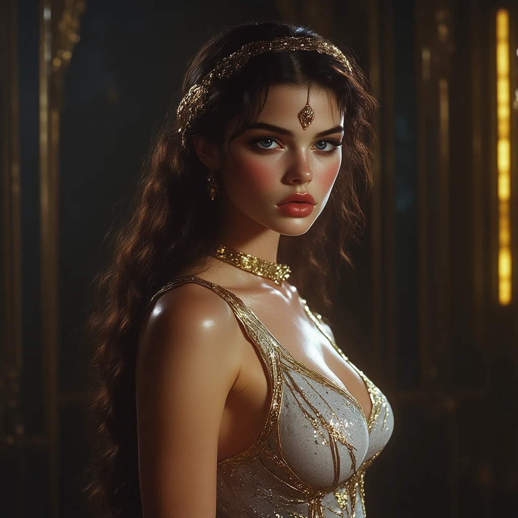Certainly! Here's the translation of the description into English:
Imagine a Greek woman of unparalleled beauty, whose presence reflects timeless elegance and grace associated with Greek mythology. Her face, sculpted like a divine work of art, features delicate traits from the gently arched forehead to the graceful chin.
The eyes, expressive and deep, mirror the wisdom and serenity that characterize the goddesses of mythology. A gaze that conveys a blend of determination and compassion, as if she understands the secrets of the universe.
The wavy tresses, as luxurious as fields of wheat swaying in the wind, frame her face with a golden splendor, radiating under the sunlight. Each strand seems sculpted by divine hands, contributing to the majestic aura that surrounds her.
Her neck, elegant and slender, supports the head with grace, revealing impeccable posture. The delicately sculpted shoulders are like the columns of a temple, symbolizing strength and stability. Her body, proportionate and slender, is an ode to harmony and perfection.
The attire, woven with fine fabrics and adorned with intricate patterns, enhances her natural beauty. Every fold of the fabric seems to follow the curves of her body, emphasizing her femininity in a subtle and sophisticated manner.
This Greek woman personifies beauty that transcends time, a vision echoing through the ages, reminding us of the grace and divinity that exist in the human form.