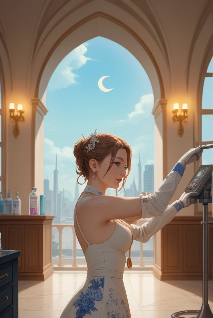 score_9, score_8_up, score_7_up,1girl,tentenXL,brown hair,hair bun,detailed face, masterpiece,best quality, shiny , wearing a dress,restaurant, looking at viewer, closeup